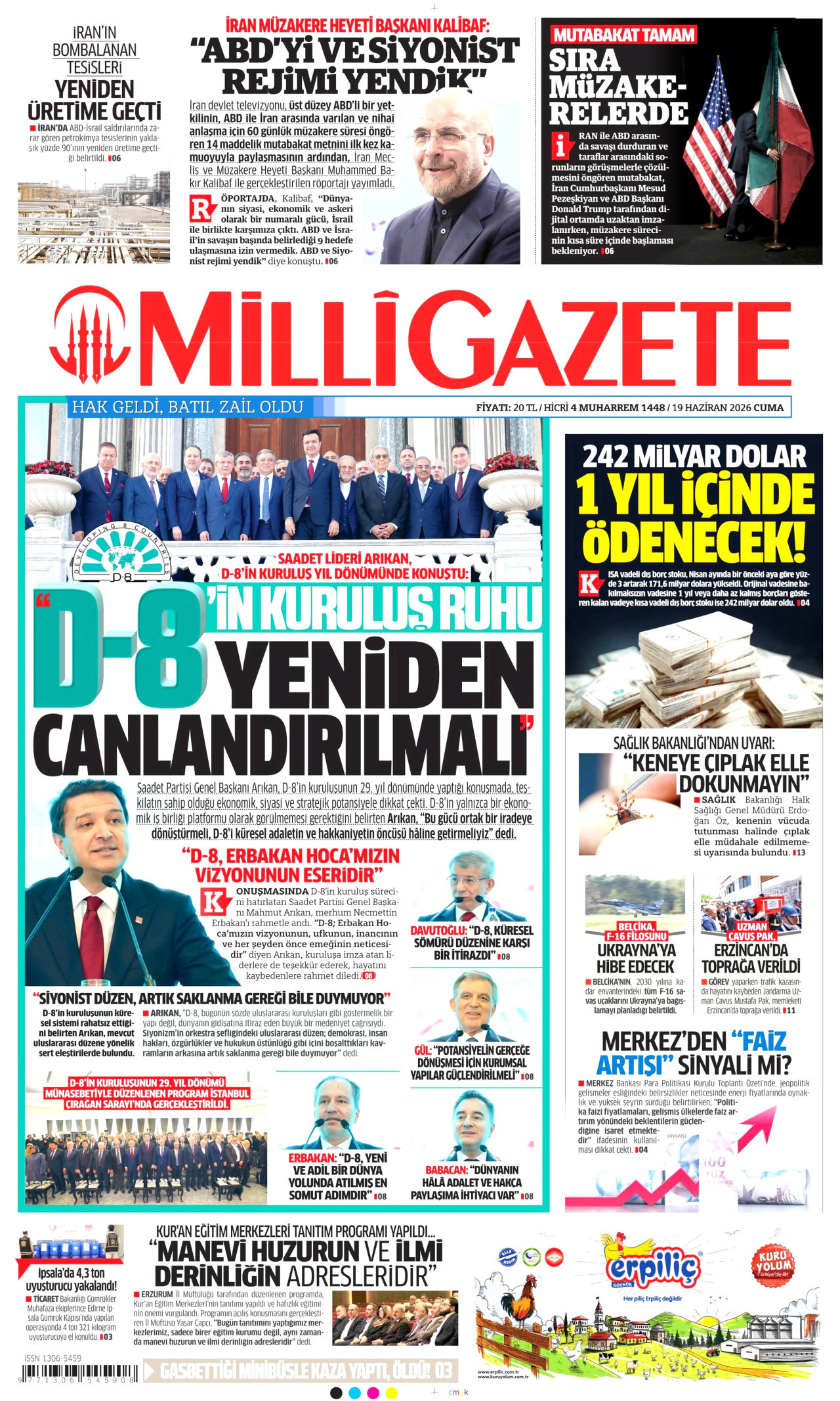 MİLLİ GAZETE gazetesinin 19 Haziran 2026 tarihli birinci sayfası