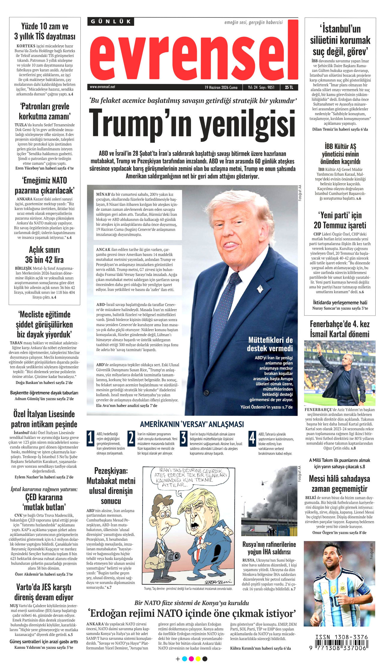 EVRENSEL gazetesinin 19 Haziran 2026 tarihli birinci sayfası