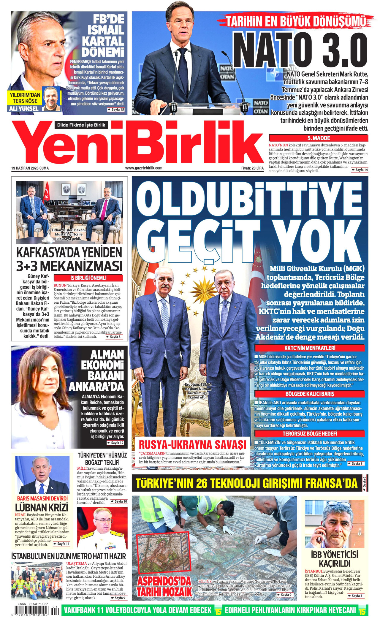 YENİBİRLİK gazetesinin 19 Haziran 2026 tarihli birinci sayfası
