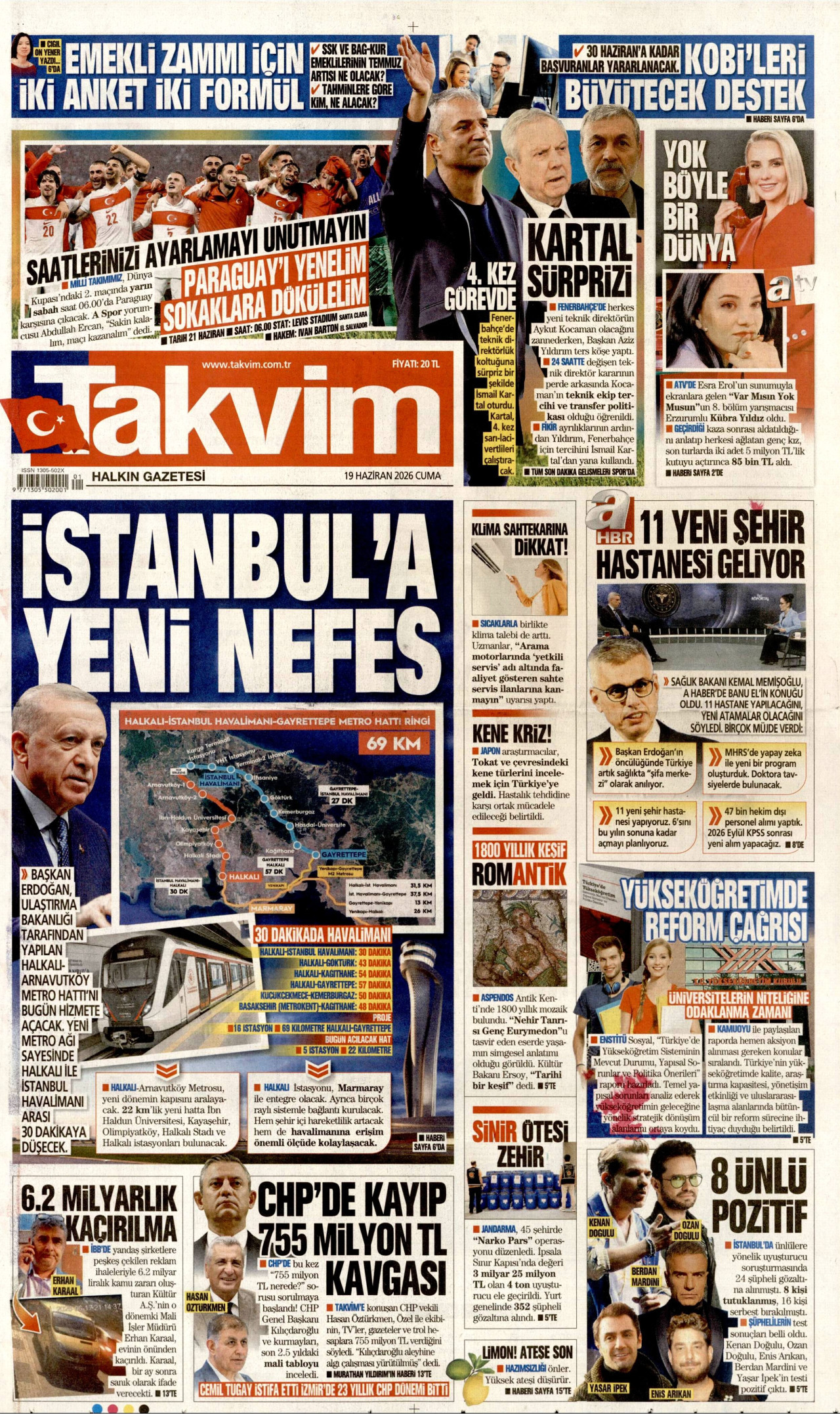 TAKVİM gazetesinin 19 Haziran 2026 tarihli birinci sayfası