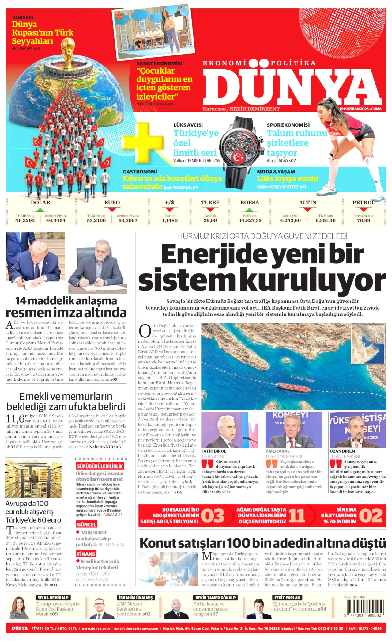 DÜNYA gazetesinin 19 Haziran 2026 tarihli birinci sayfası
