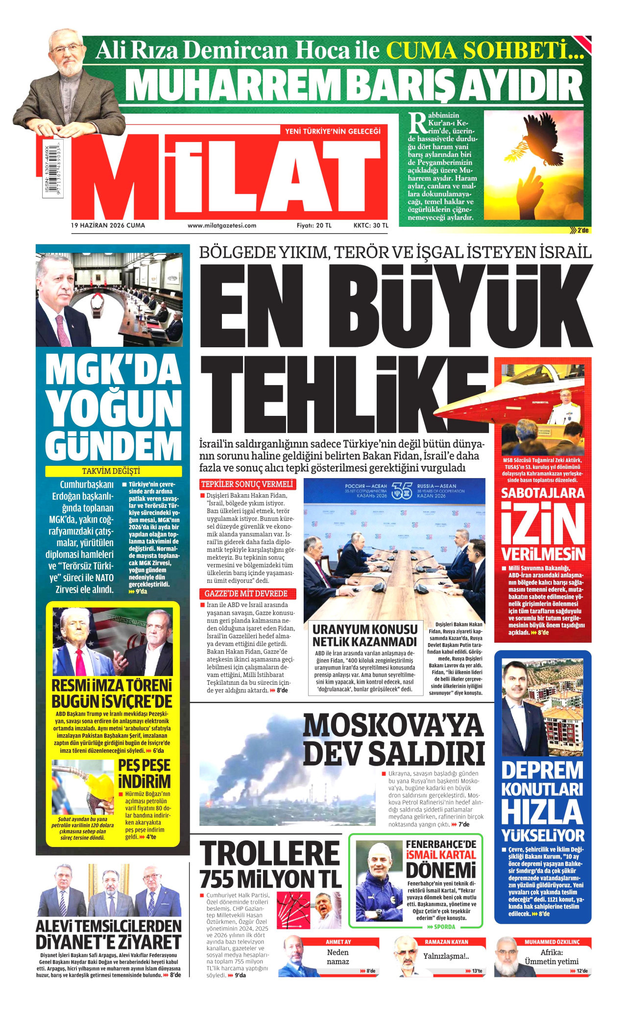 MİLAT gazetesinin 19 Haziran 2026 tarihli birinci sayfası