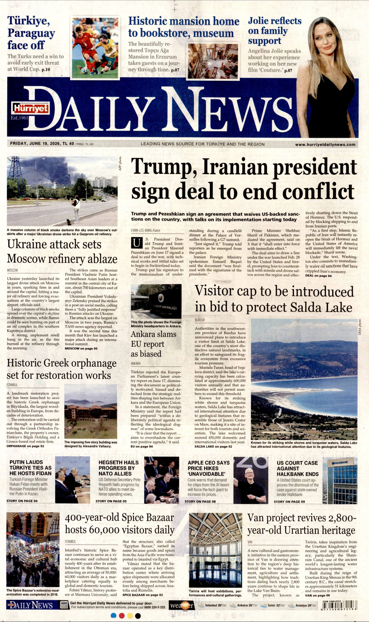 HÜRRİYET DAİLY NEWS gazetesinin 19 Haziran 2026 tarihli birinci sayfası