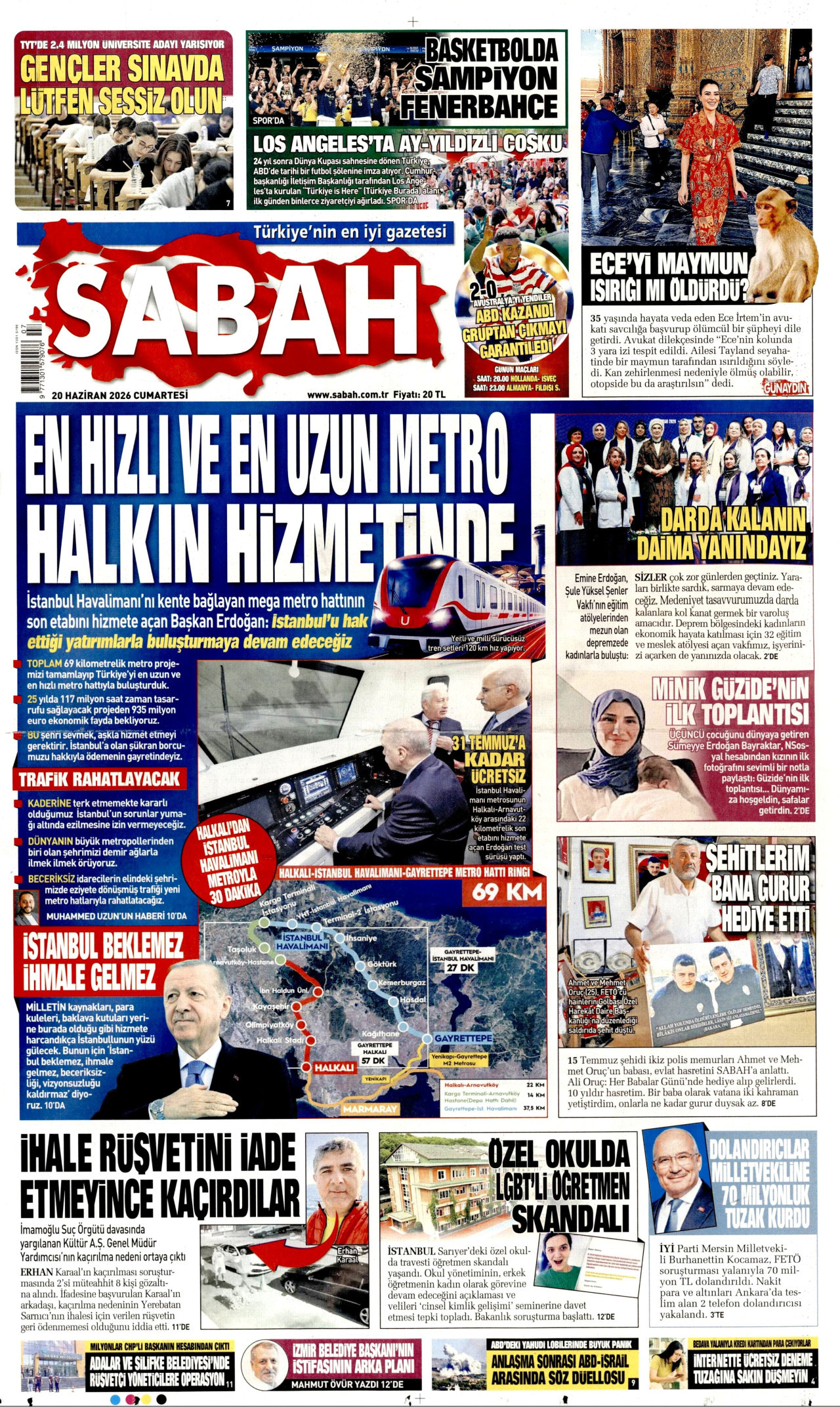 SABAH gazetesinin 20 Haziran 2026 tarihli birinci sayfası