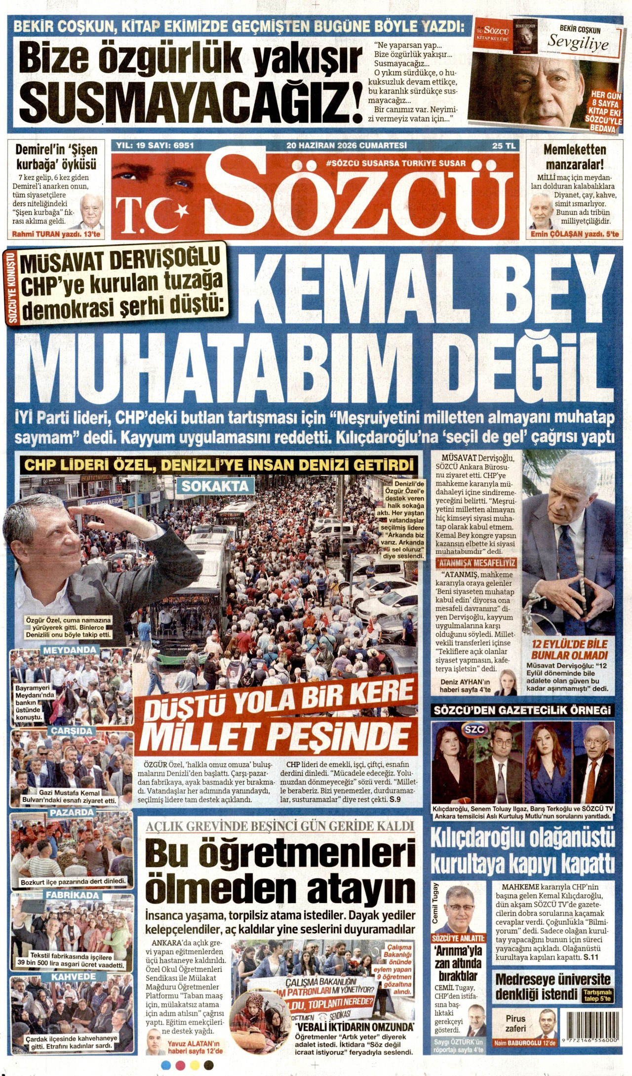 SÖZCÜ gazetesinin 20 Haziran 2026 tarihli birinci sayfası