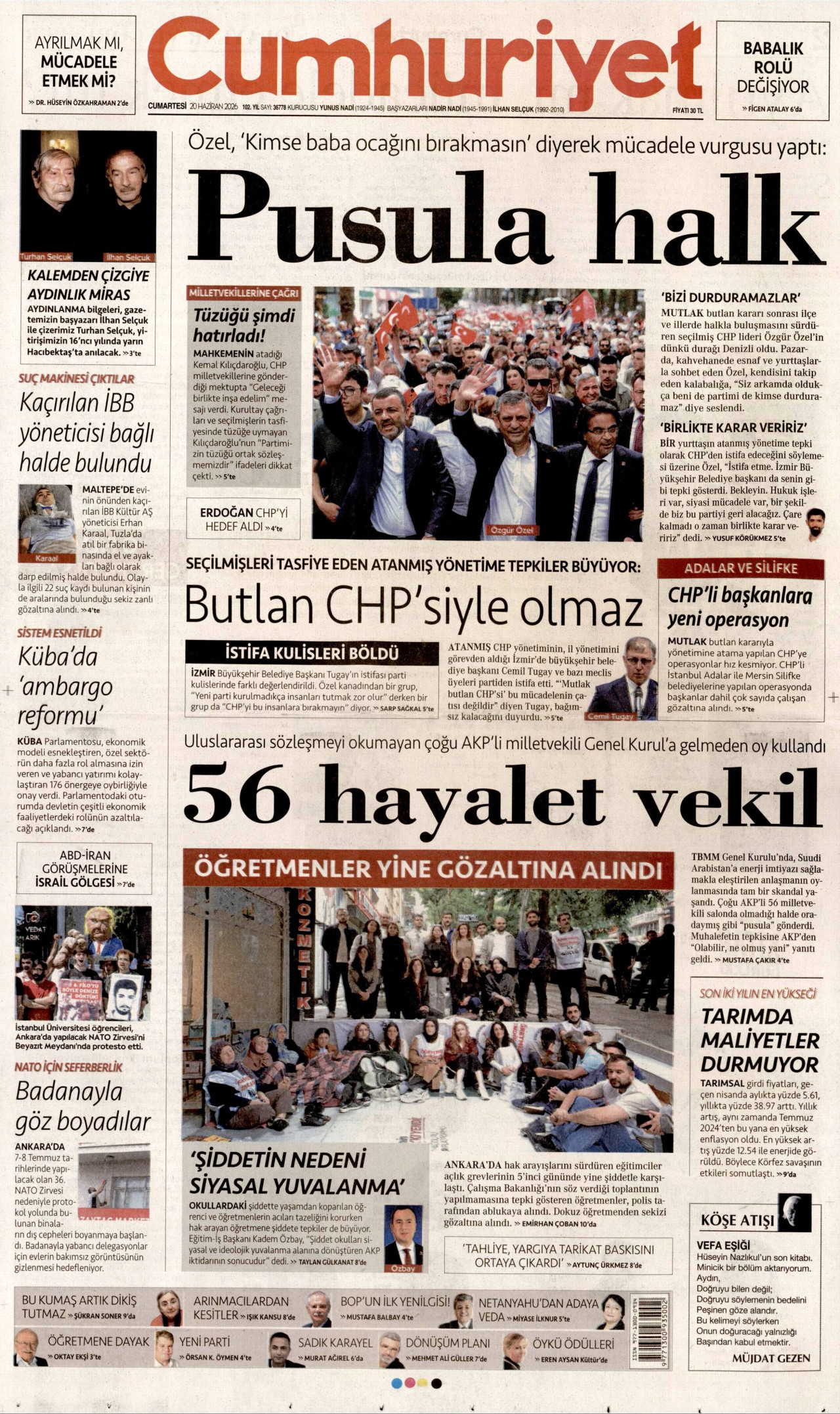 CUMHURİYET gazetesinin 20 Haziran 2026 tarihli birinci sayfası