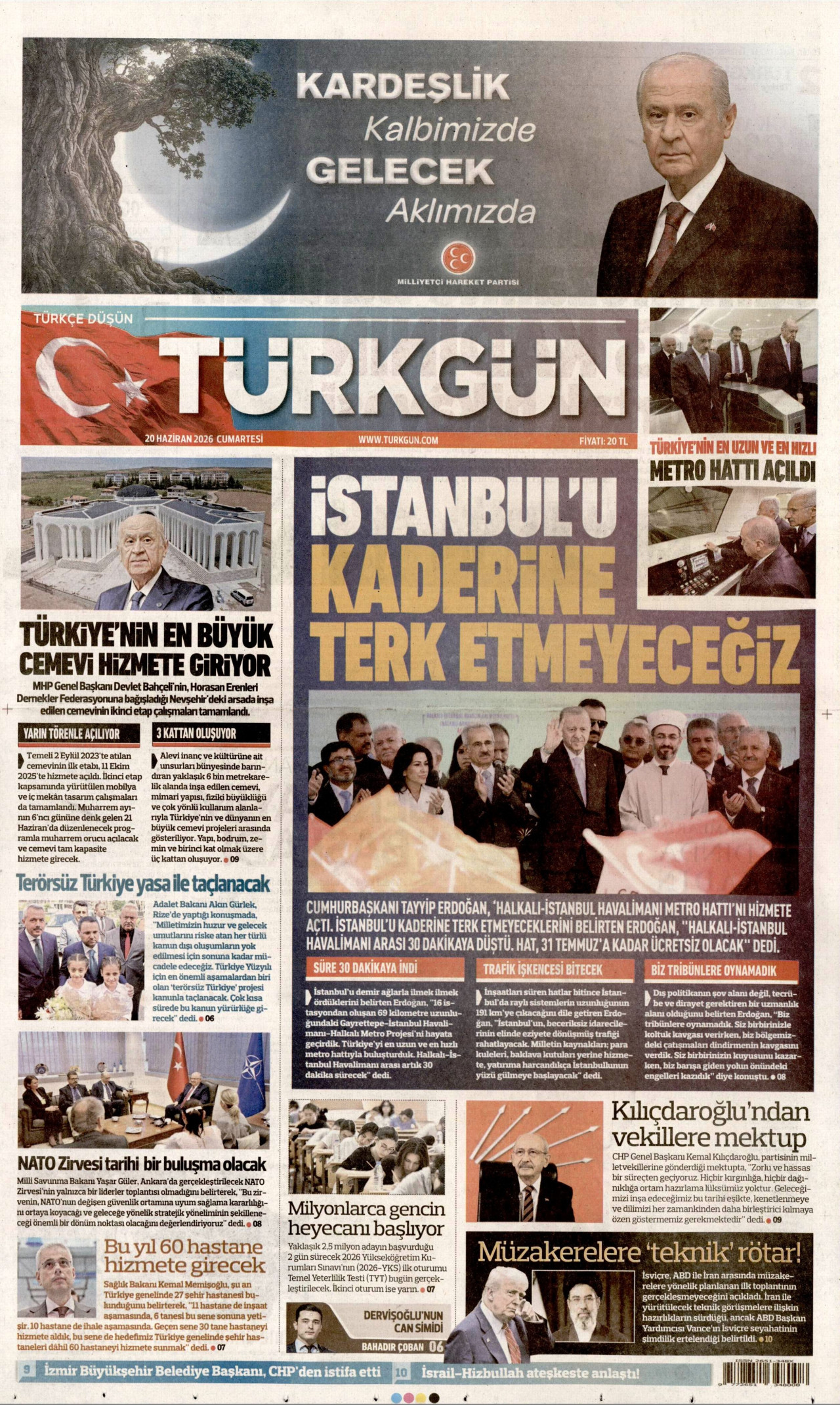 TÜRKGÜN gazetesinin 20 Haziran 2026 tarihli birinci sayfası