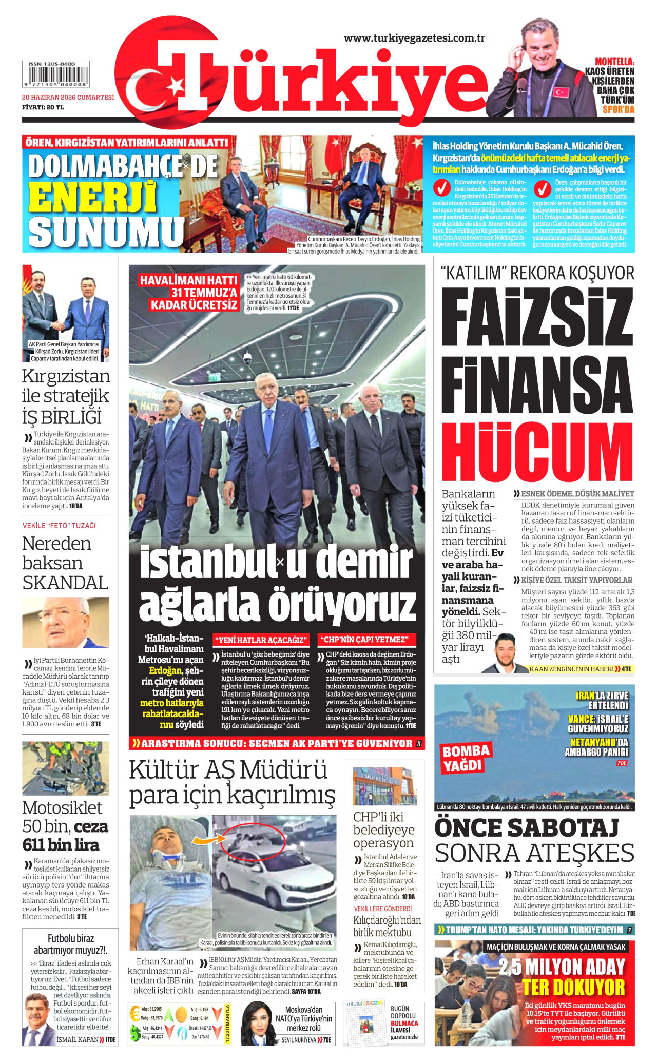 TÜRKİYE GAZETESİ gazetesinin 20 Haziran 2026 tarihli birinci sayfası