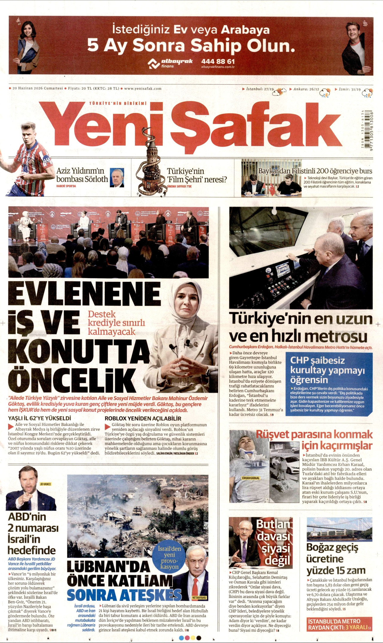 YENİ ŞAFAK gazetesinin 20 Haziran 2026 tarihli birinci sayfası
