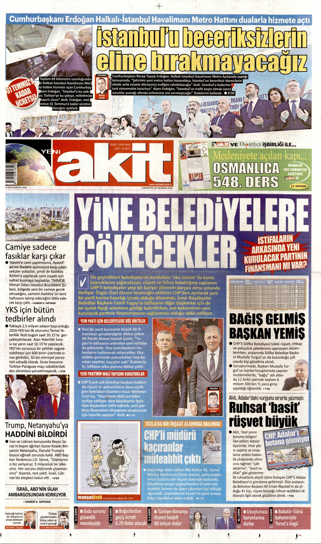 YENİ AKİT gazetesinin 20 Haziran 2026 tarihli birinci sayfası