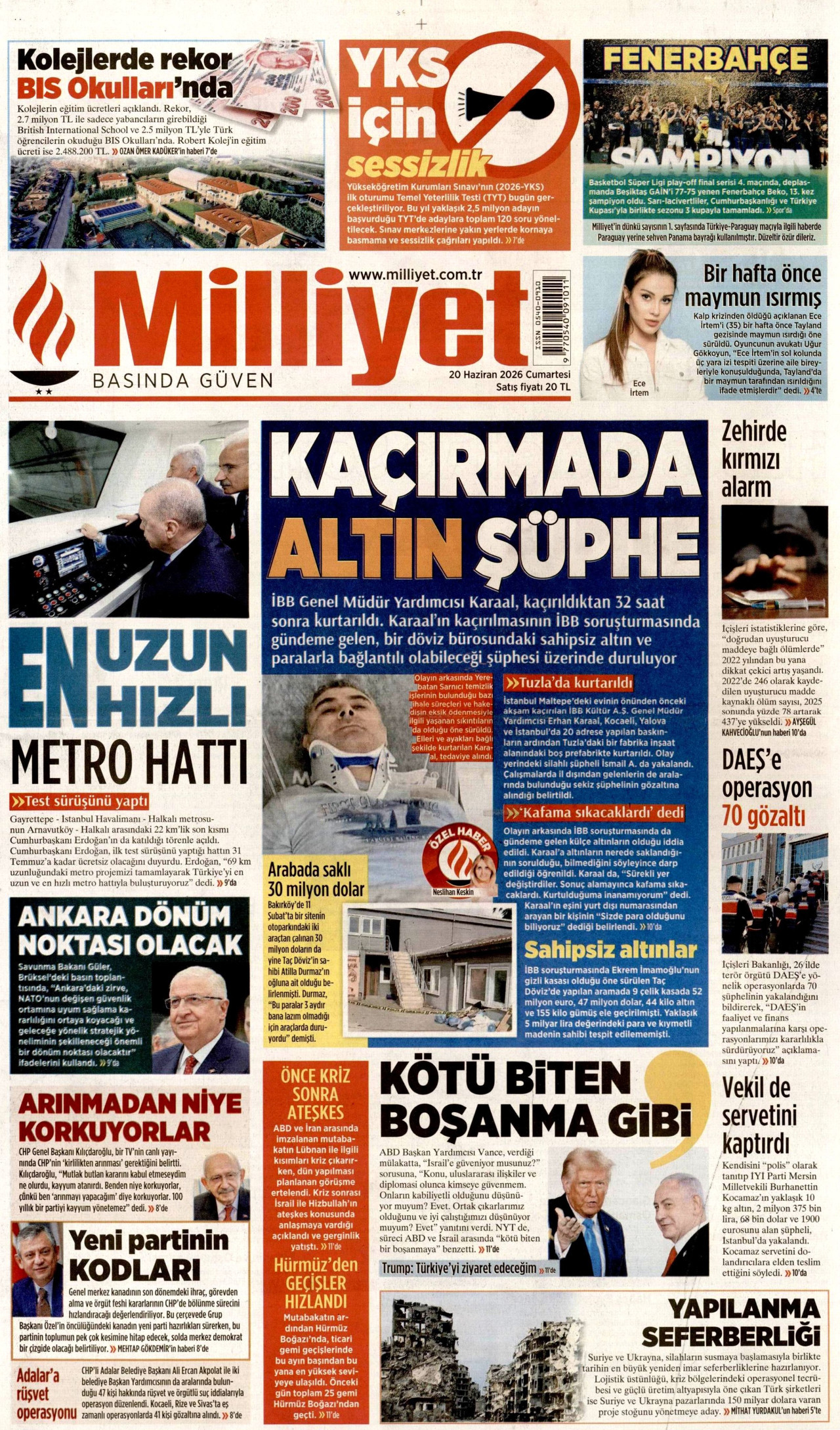 MİLLİYET gazetesinin 20 Haziran 2026 tarihli birinci sayfası