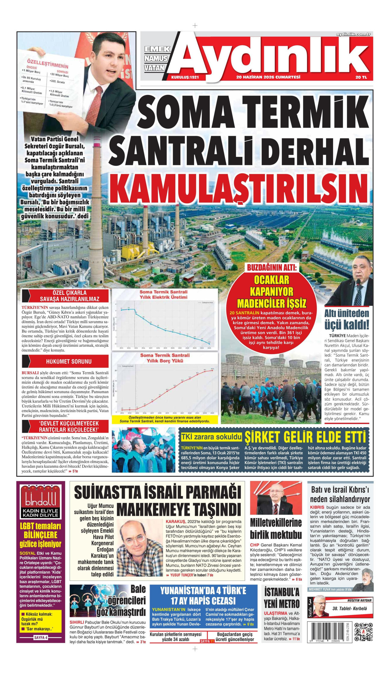 AYDINLIK GAZETESİ gazetesinin 20 Haziran 2026 tarihli birinci sayfası