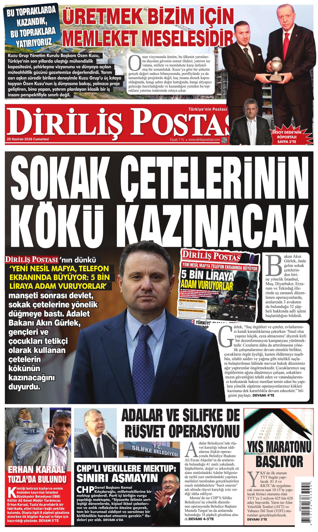 DİRİLİŞ POSTASI gazetesinin 20 Haziran 2026 tarihli birinci sayfası