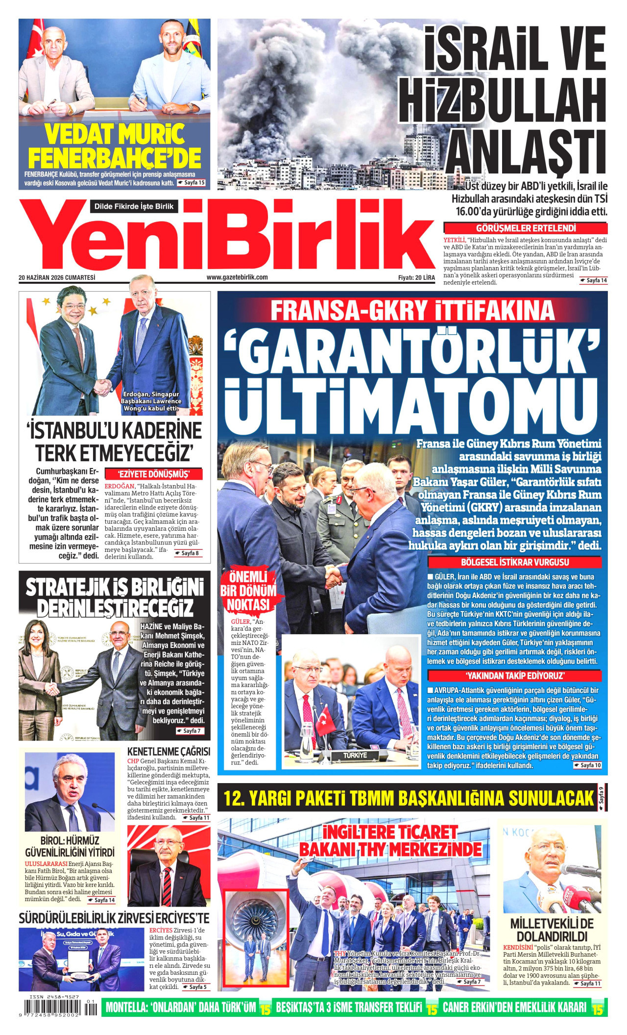 YENİBİRLİK gazetesinin 20 Haziran 2026 tarihli birinci sayfası