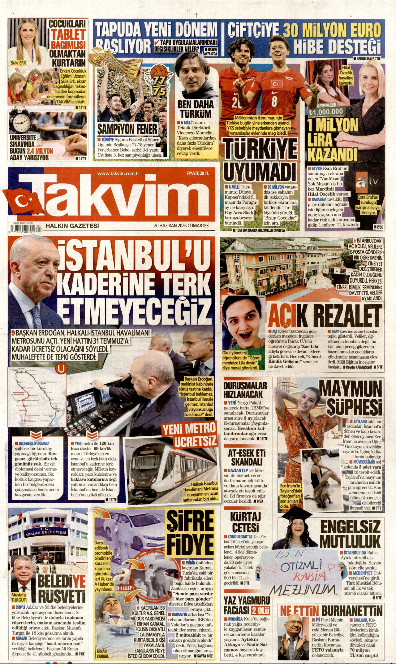 TAKVİM gazetesinin 20 Haziran 2026 tarihli birinci sayfası