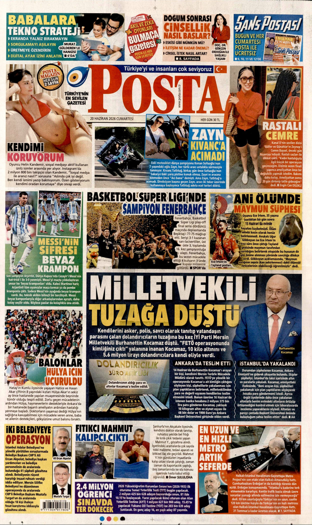POSTA gazetesinin 20 Haziran 2026 tarihli birinci sayfası