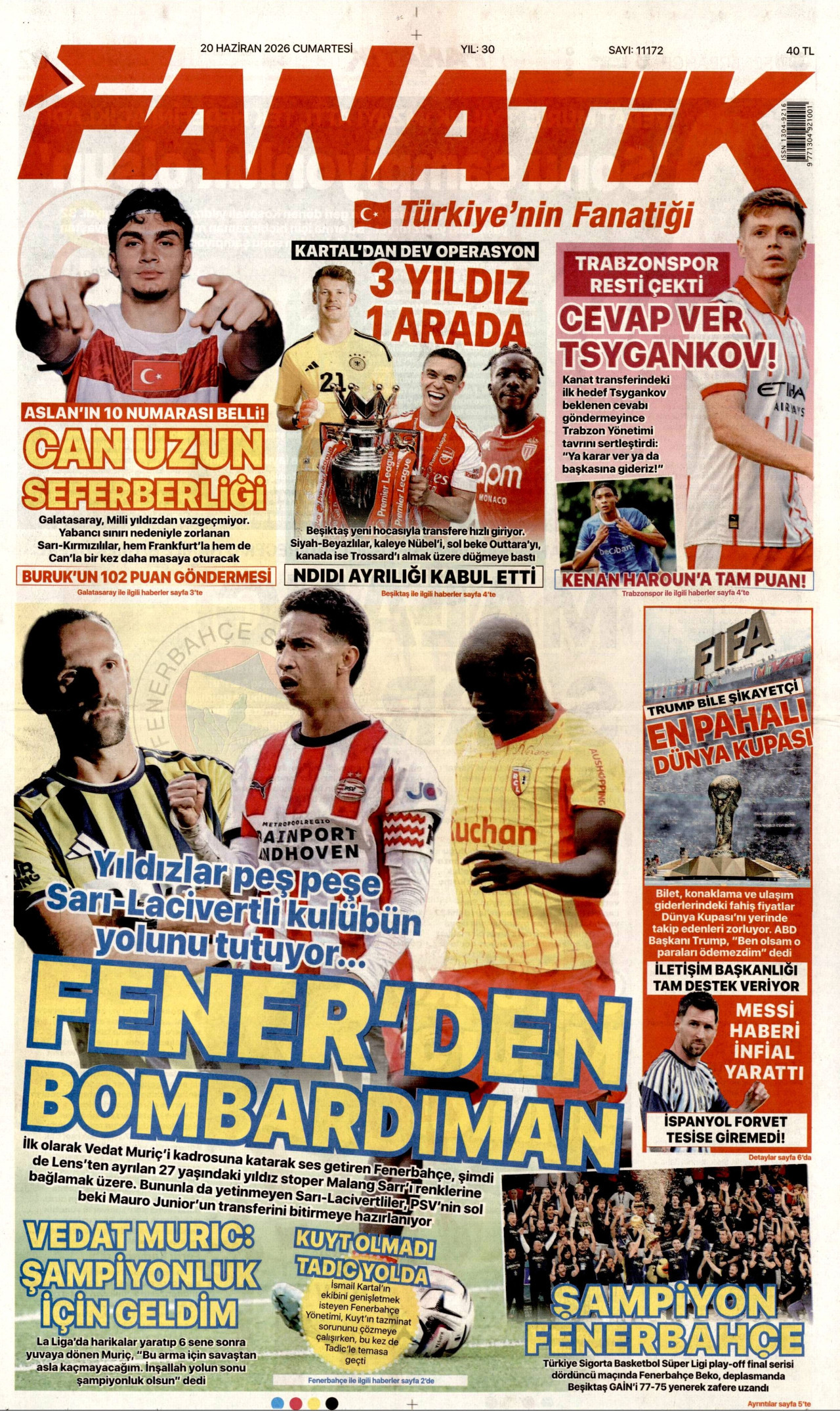 FANATİK gazetesinin 20 Haziran 2026 tarihli birinci sayfası
