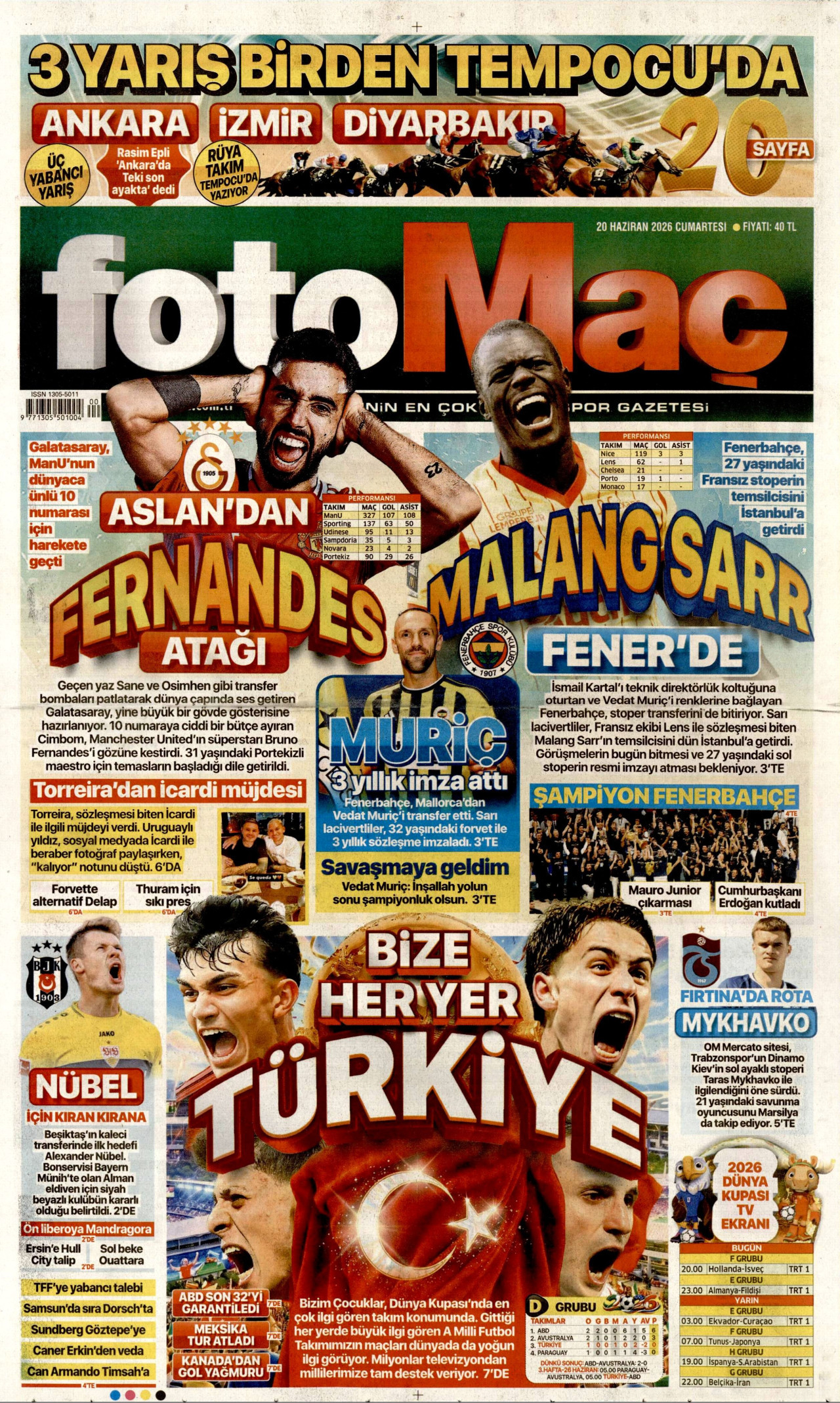 FOTOMAÇ gazetesinin 20 Haziran 2026 tarihli birinci sayfası