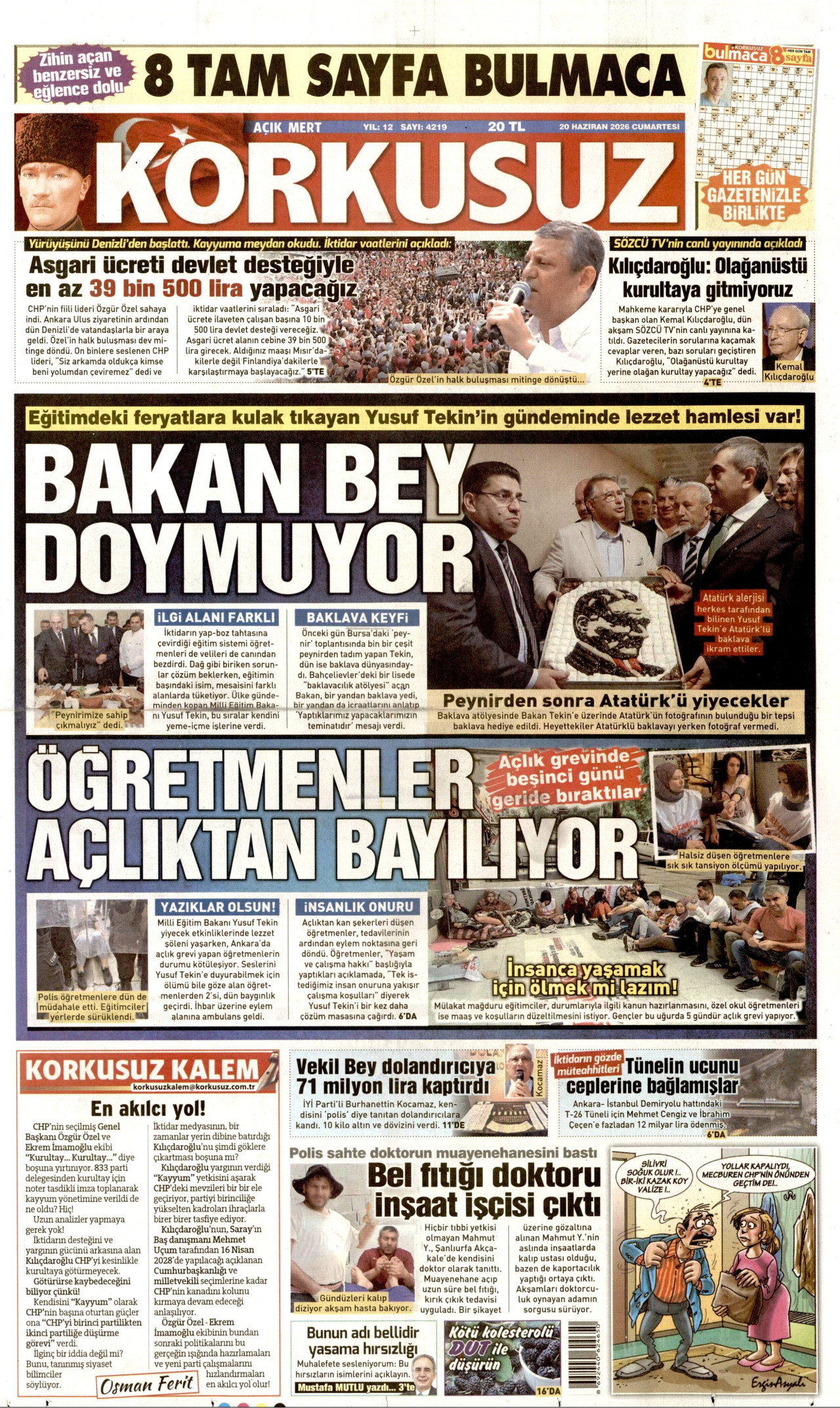 KORKUSUZ gazetesinin 20 Haziran 2026 tarihli birinci sayfası