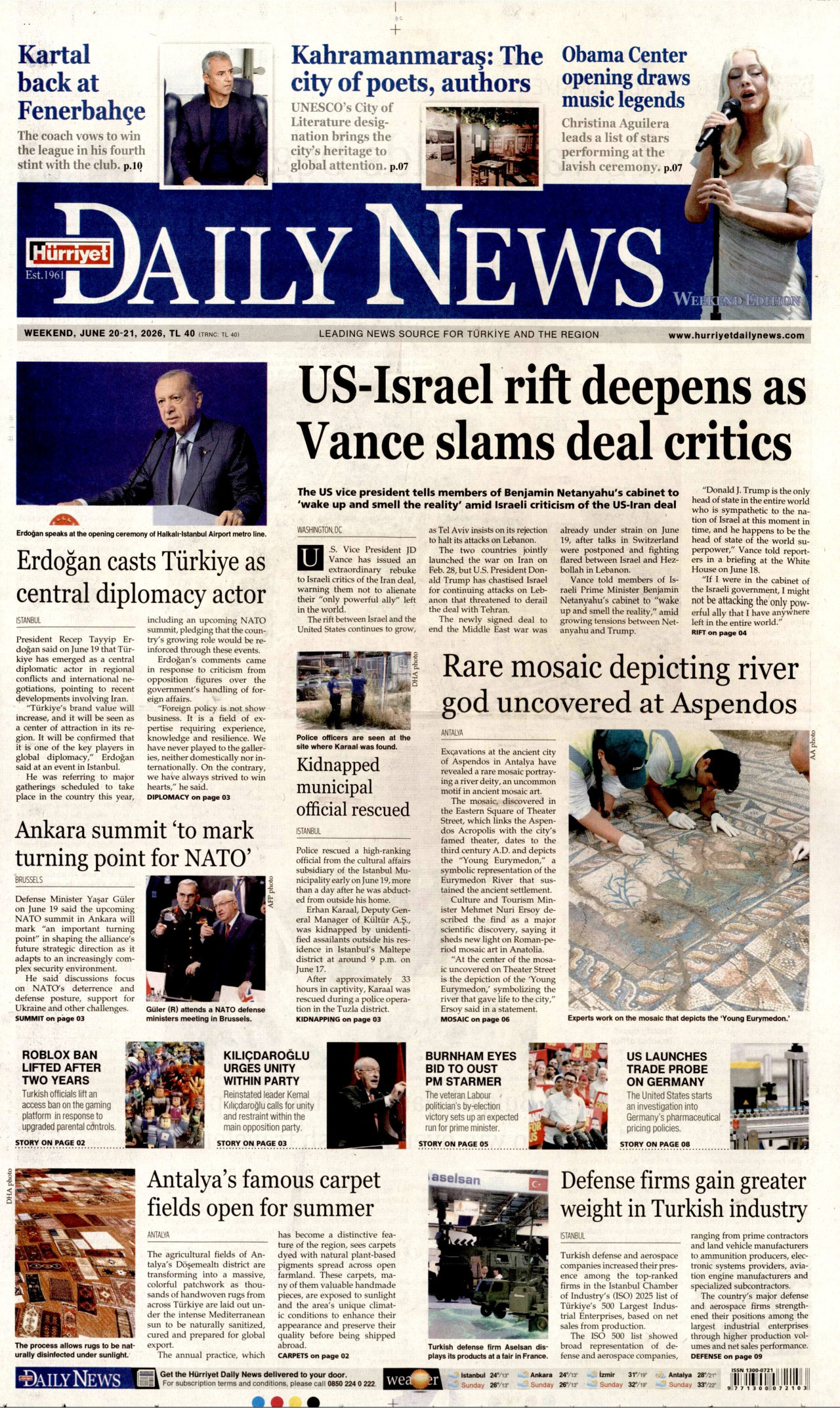 HÜRRİYET DAİLY NEWS gazetesinin 20 Haziran 2026 tarihli birinci sayfası