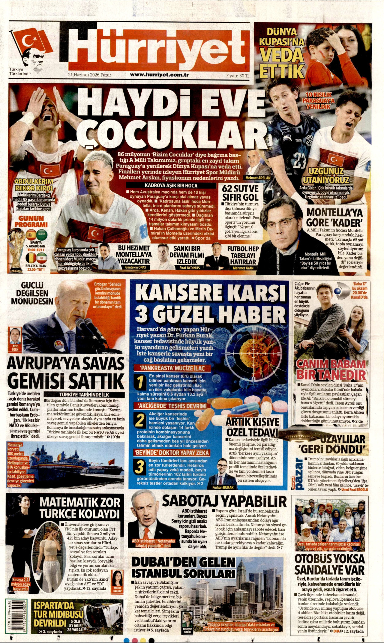 HÜRRİYET gazetesinin 21 Haziran 2026 tarihli birinci sayfası