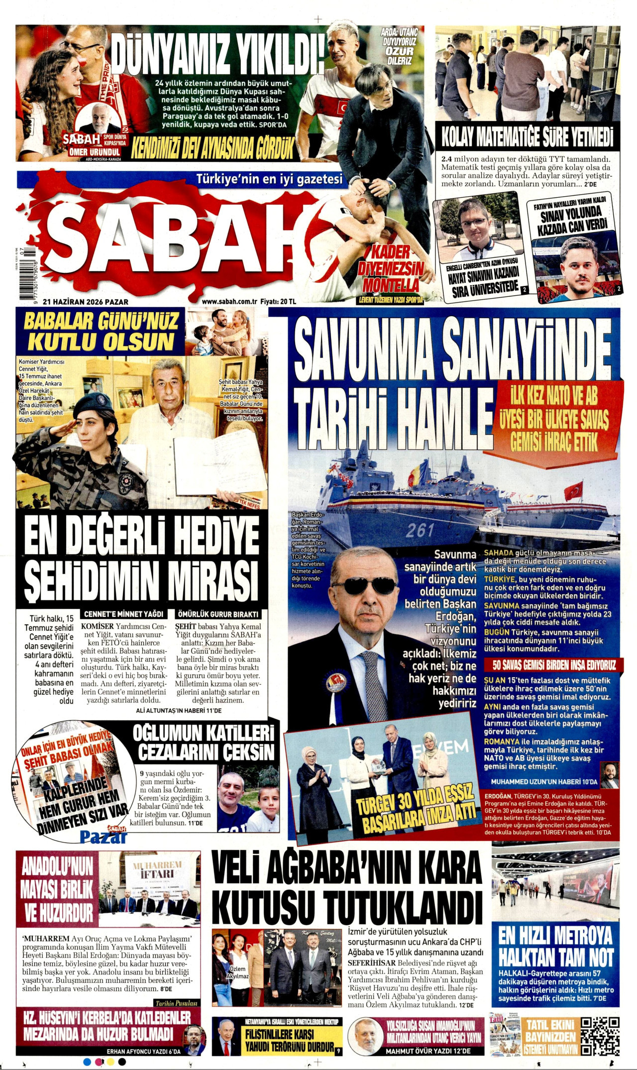 SABAH gazetesinin 21 Haziran 2026 tarihli birinci sayfası