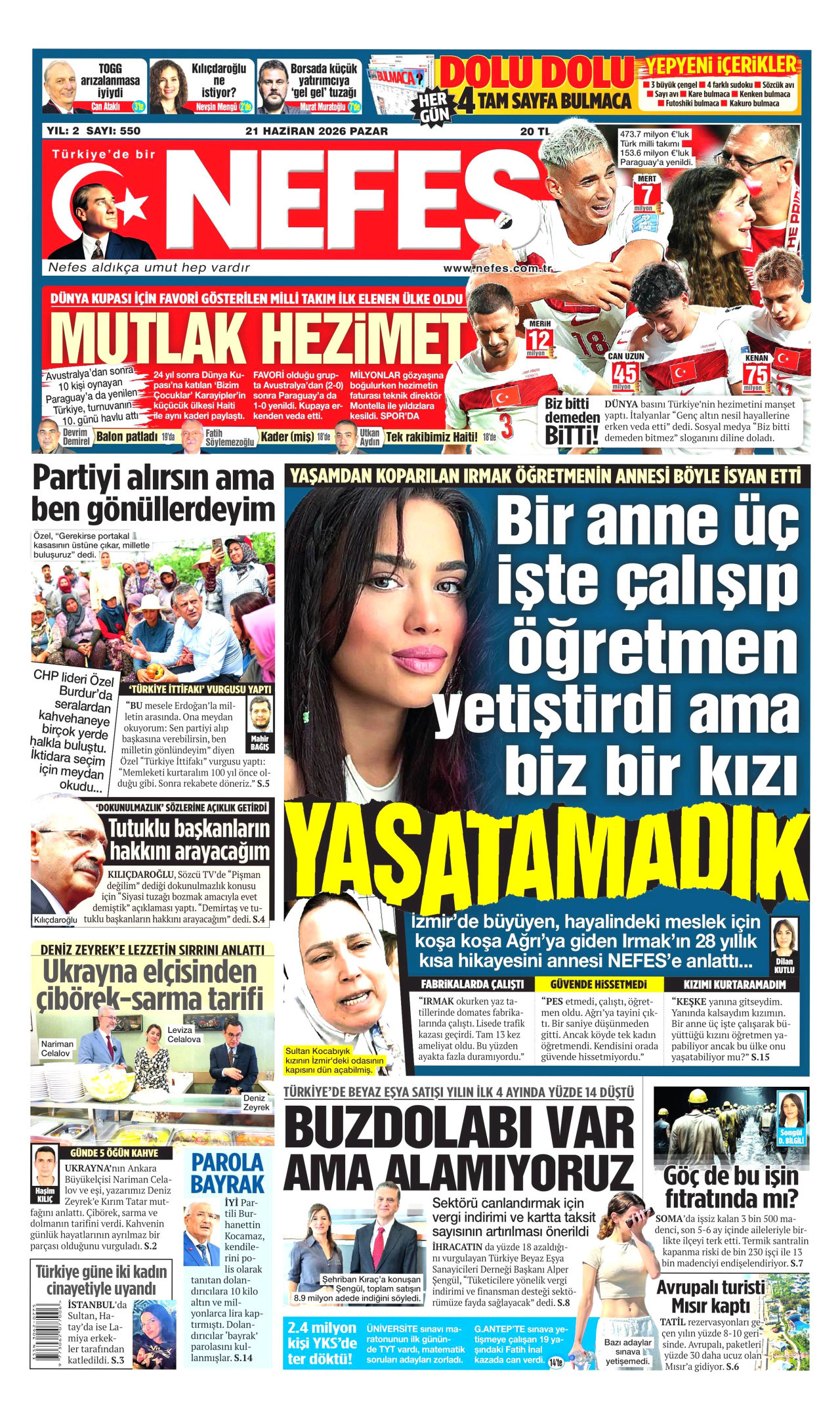 NEFES gazetesinin 21 Haziran 2026 tarihli birinci sayfası