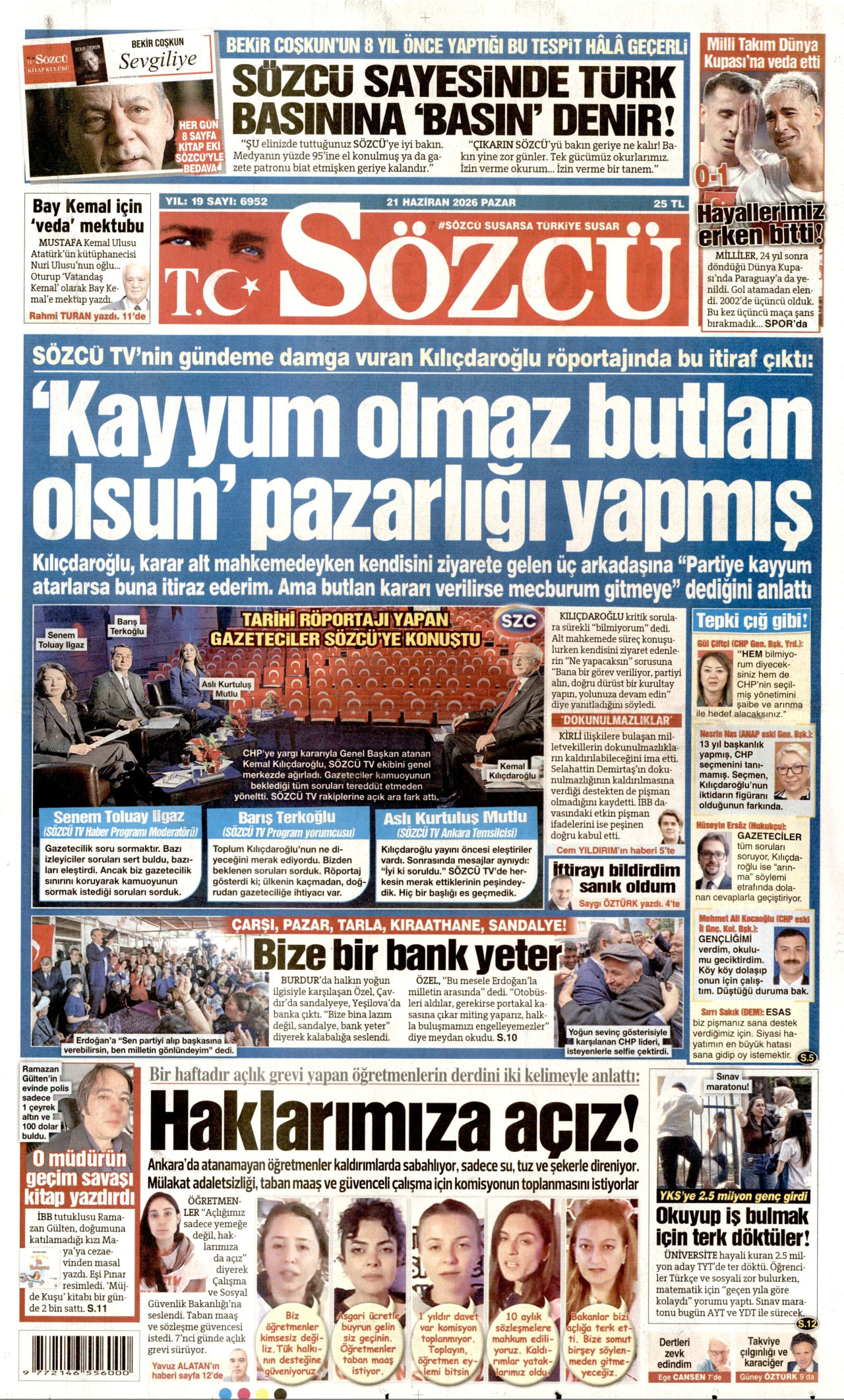 SÖZCÜ gazetesinin 21 Haziran 2026 tarihli birinci sayfası