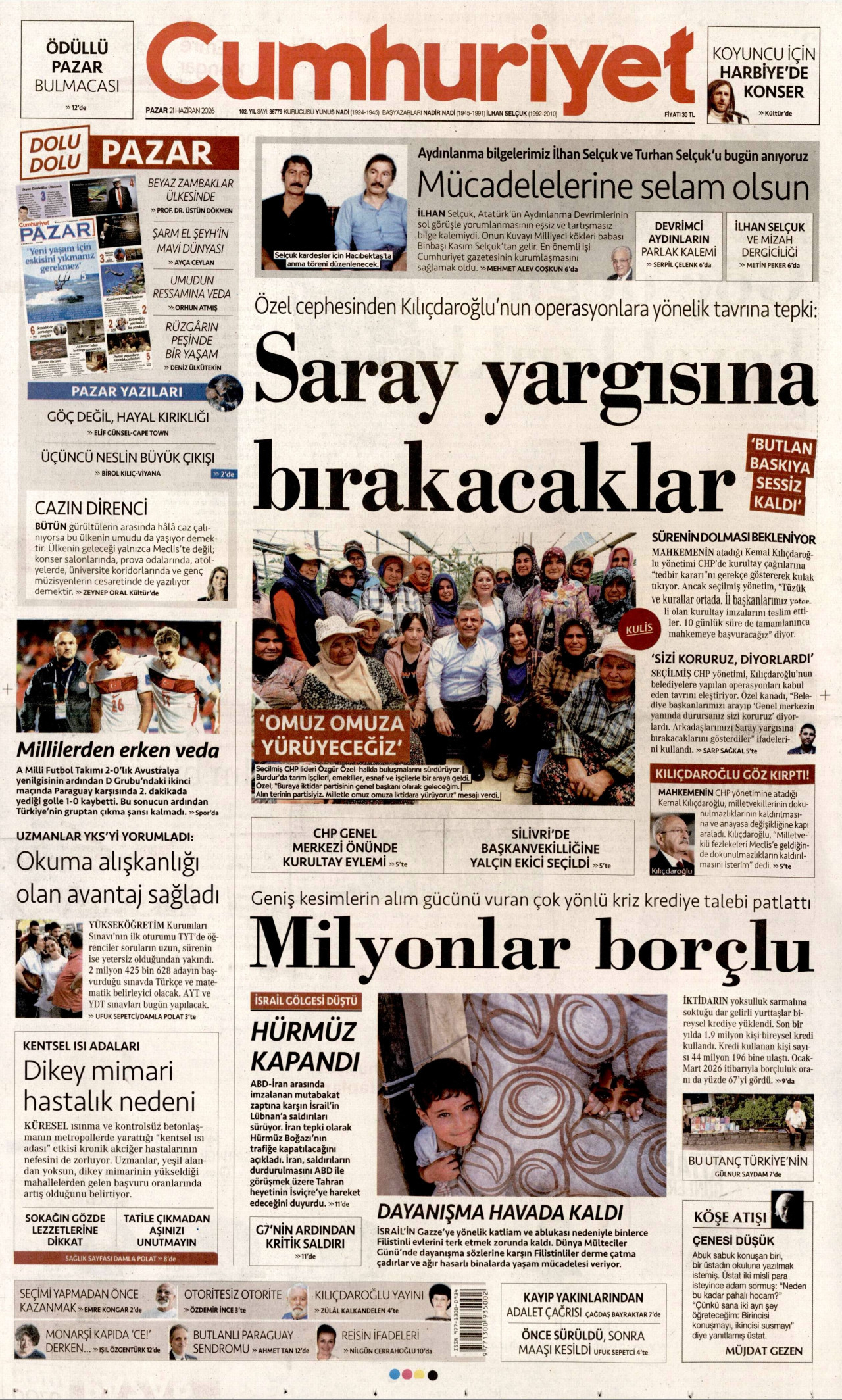 CUMHURİYET gazetesinin 21 Haziran 2026 tarihli birinci sayfası