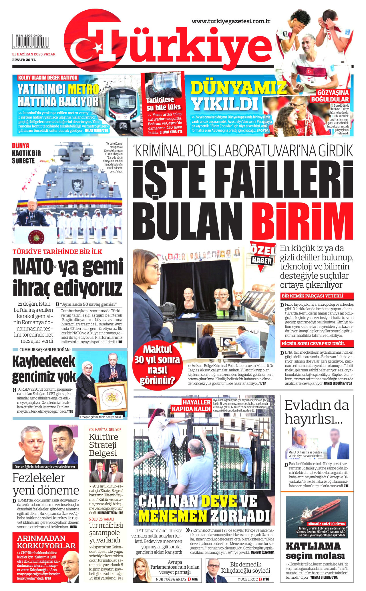 TÜRKİYE GAZETESİ gazetesinin 21 Haziran 2026 tarihli birinci sayfası