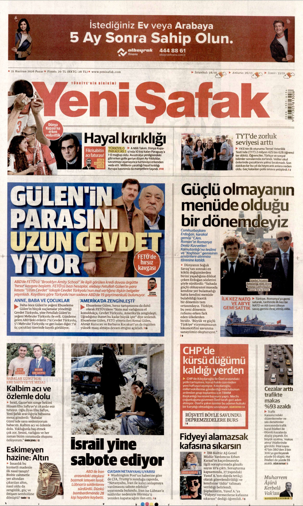 YENİ ŞAFAK gazetesinin 21 Haziran 2026 tarihli birinci sayfası
