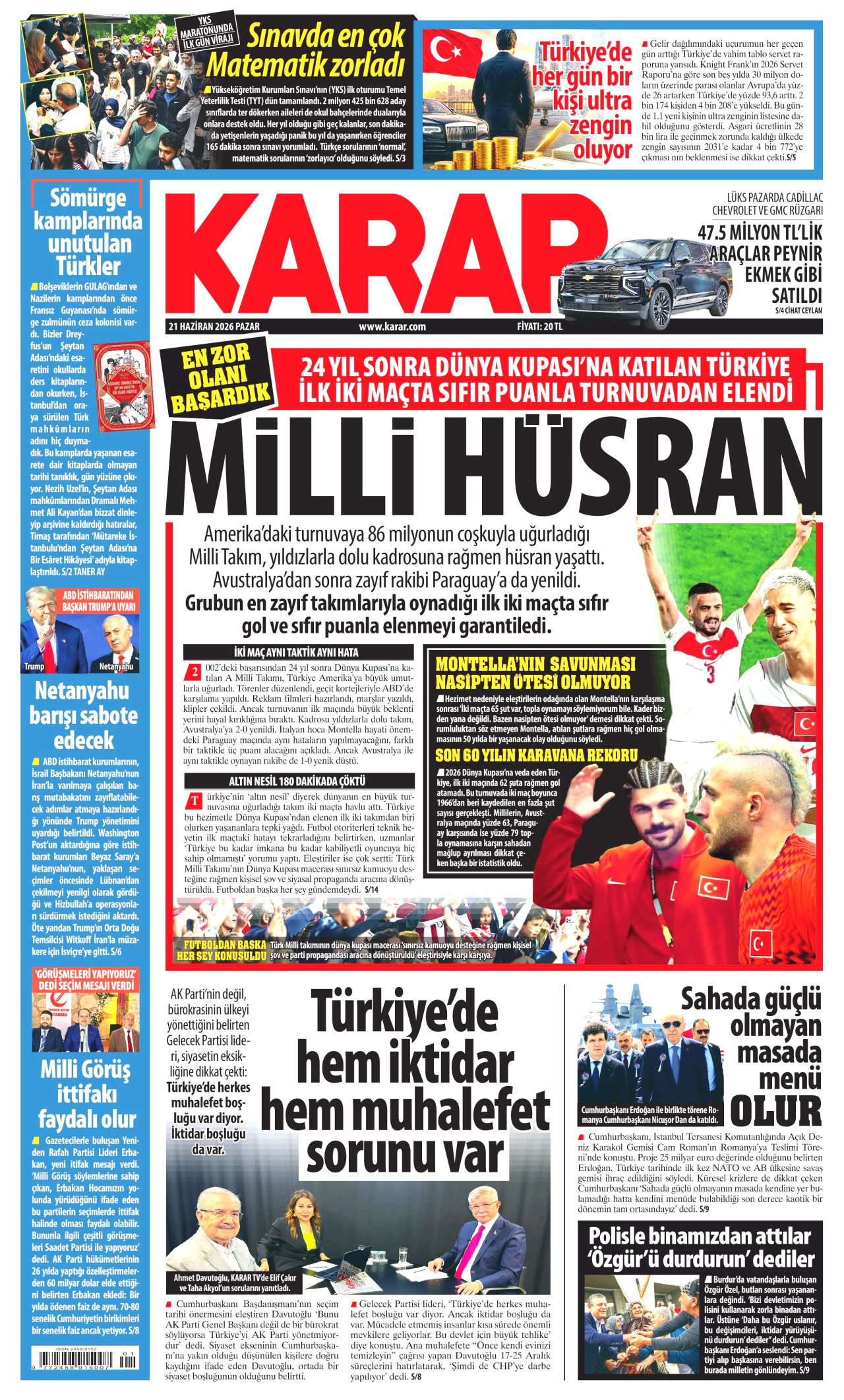 KARAR gazetesinin 21 Haziran 2026 tarihli birinci sayfası