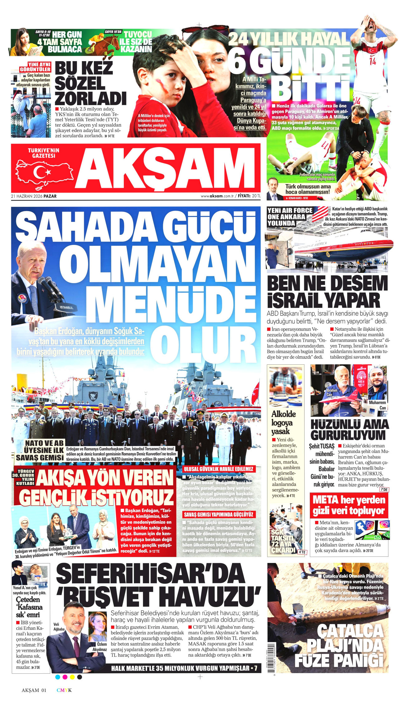 AKŞAM gazetesinin 21 Haziran 2026 tarihli birinci sayfası