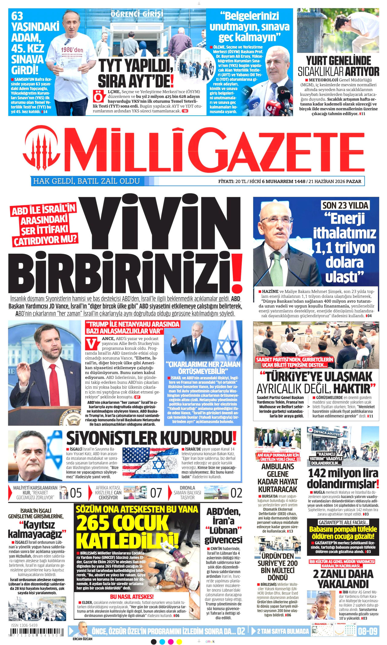 MİLLİ GAZETE gazetesinin 21 Haziran 2026 tarihli birinci sayfası