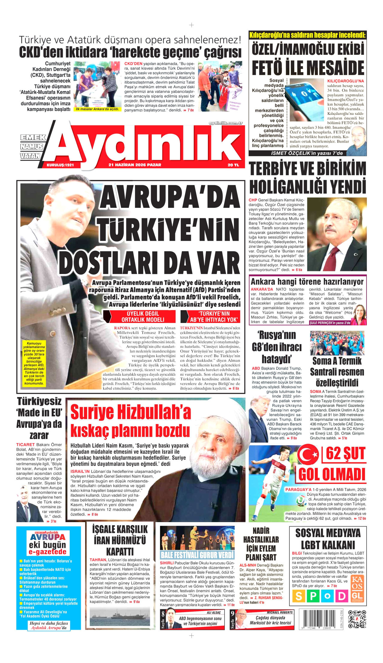 AYDINLIK GAZETESİ gazetesinin 21 Haziran 2026 tarihli birinci sayfası