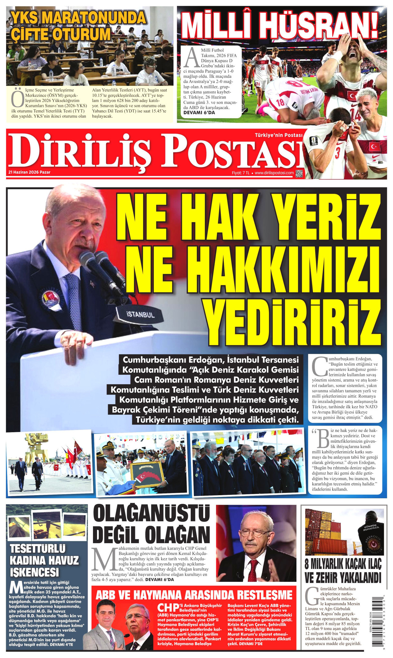 DİRİLİŞ POSTASI gazetesinin 21 Haziran 2026 tarihli birinci sayfası