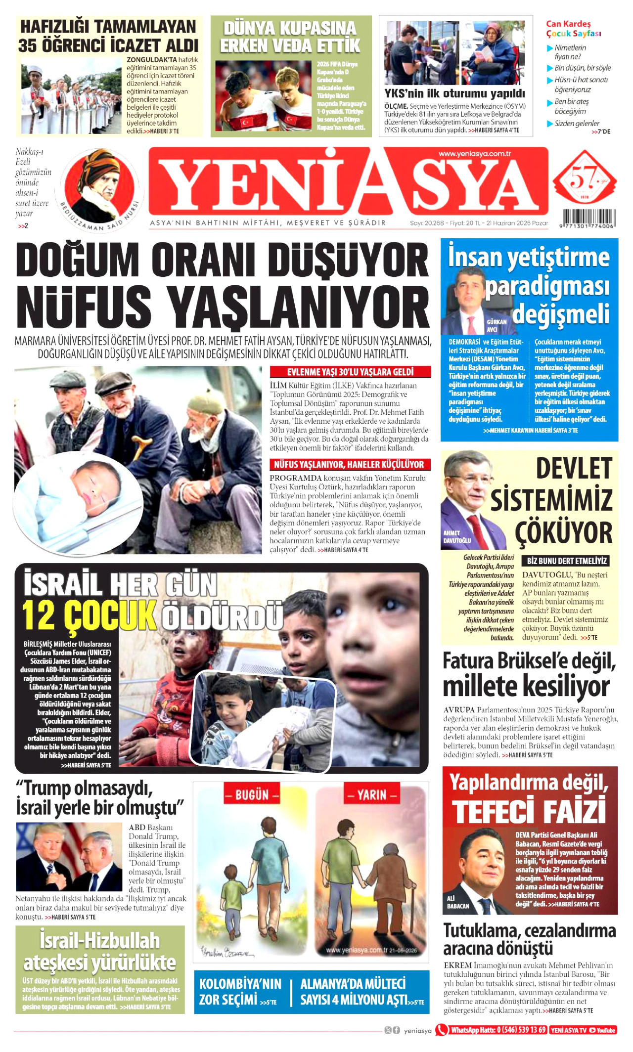 YENİ ASYA gazetesinin 21 Haziran 2026 tarihli birinci sayfası