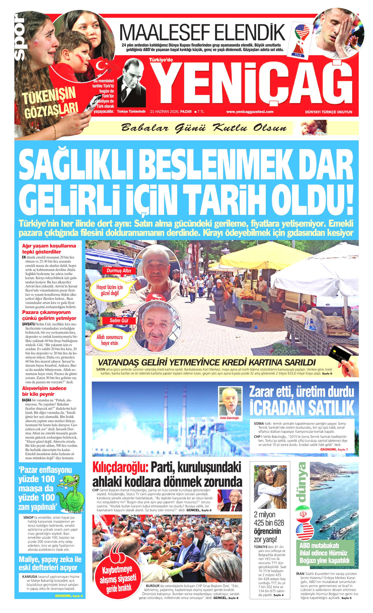 YENİÇAĞ gazetesinin 21 Haziran 2026 tarihli birinci sayfası