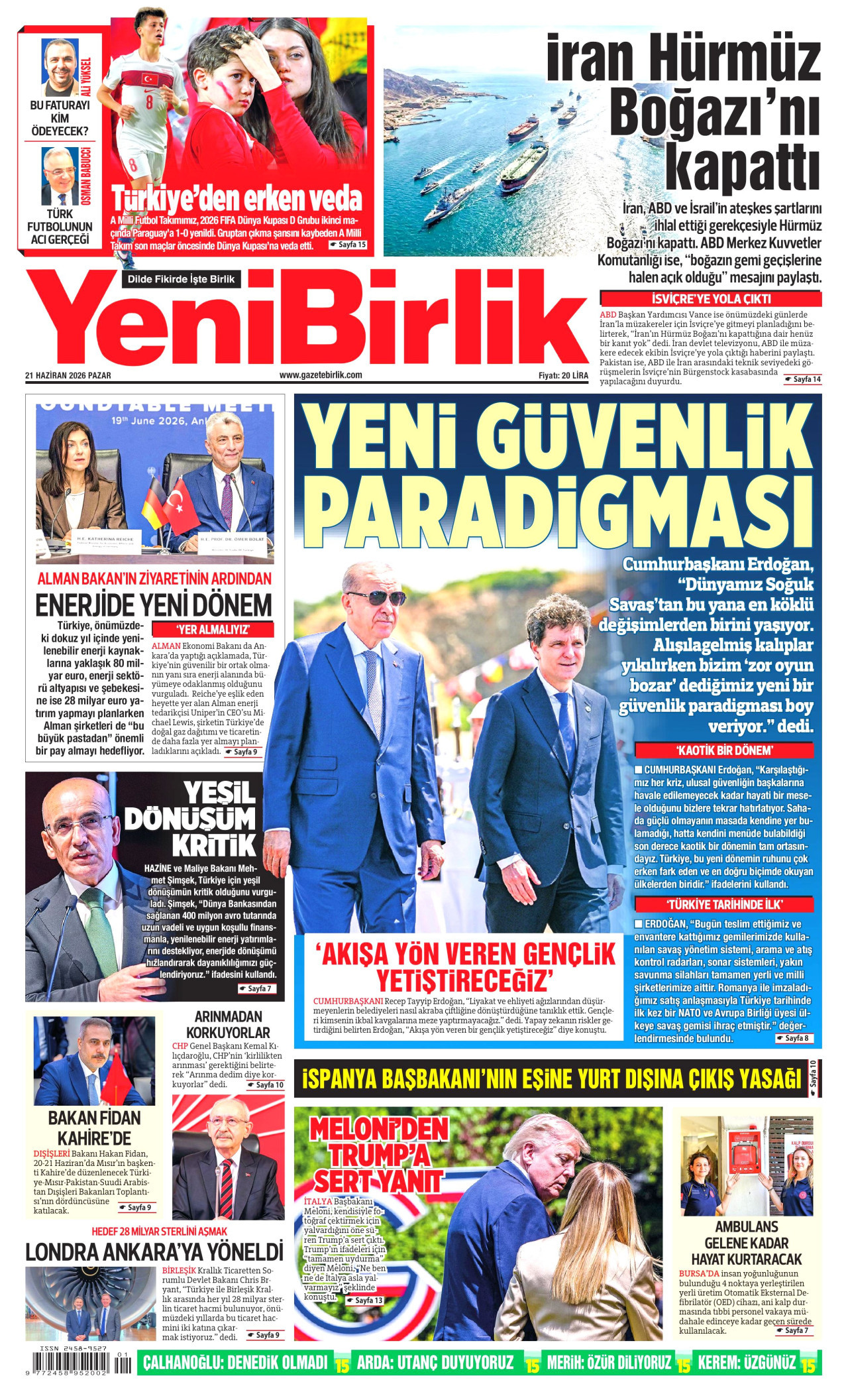 YENİBİRLİK gazetesinin 21 Haziran 2026 tarihli birinci sayfası