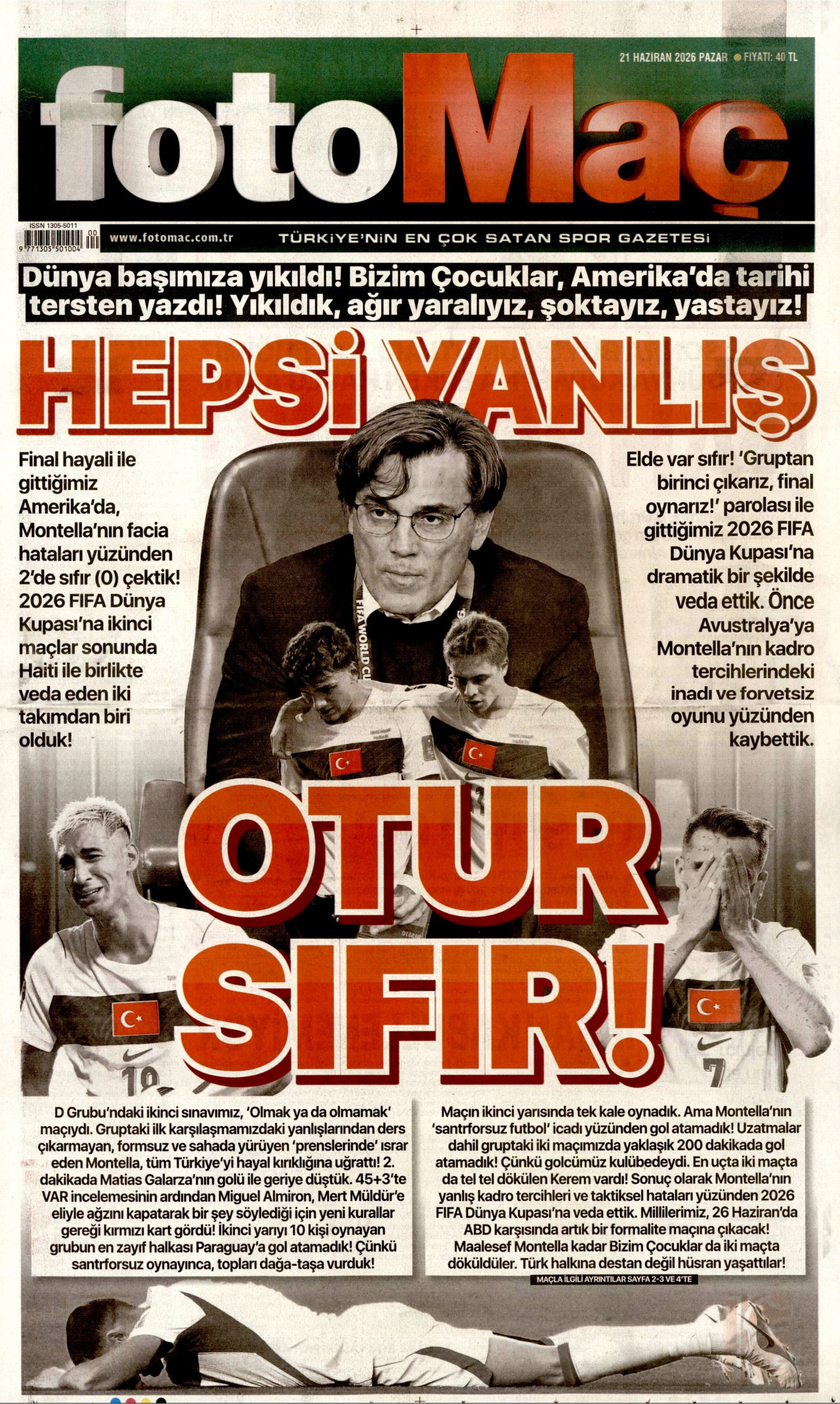 FOTOMAÇ gazetesinin 21 Haziran 2026 tarihli birinci sayfası