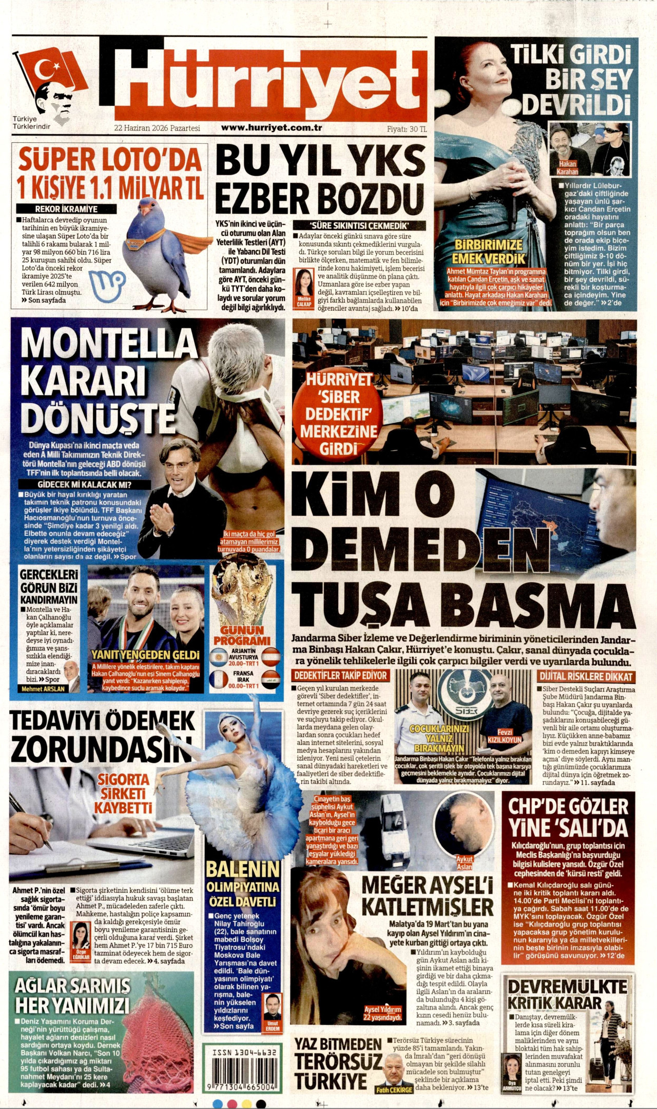 HÜRRİYET gazetesinin 22 Haziran 2026 tarihli birinci sayfası