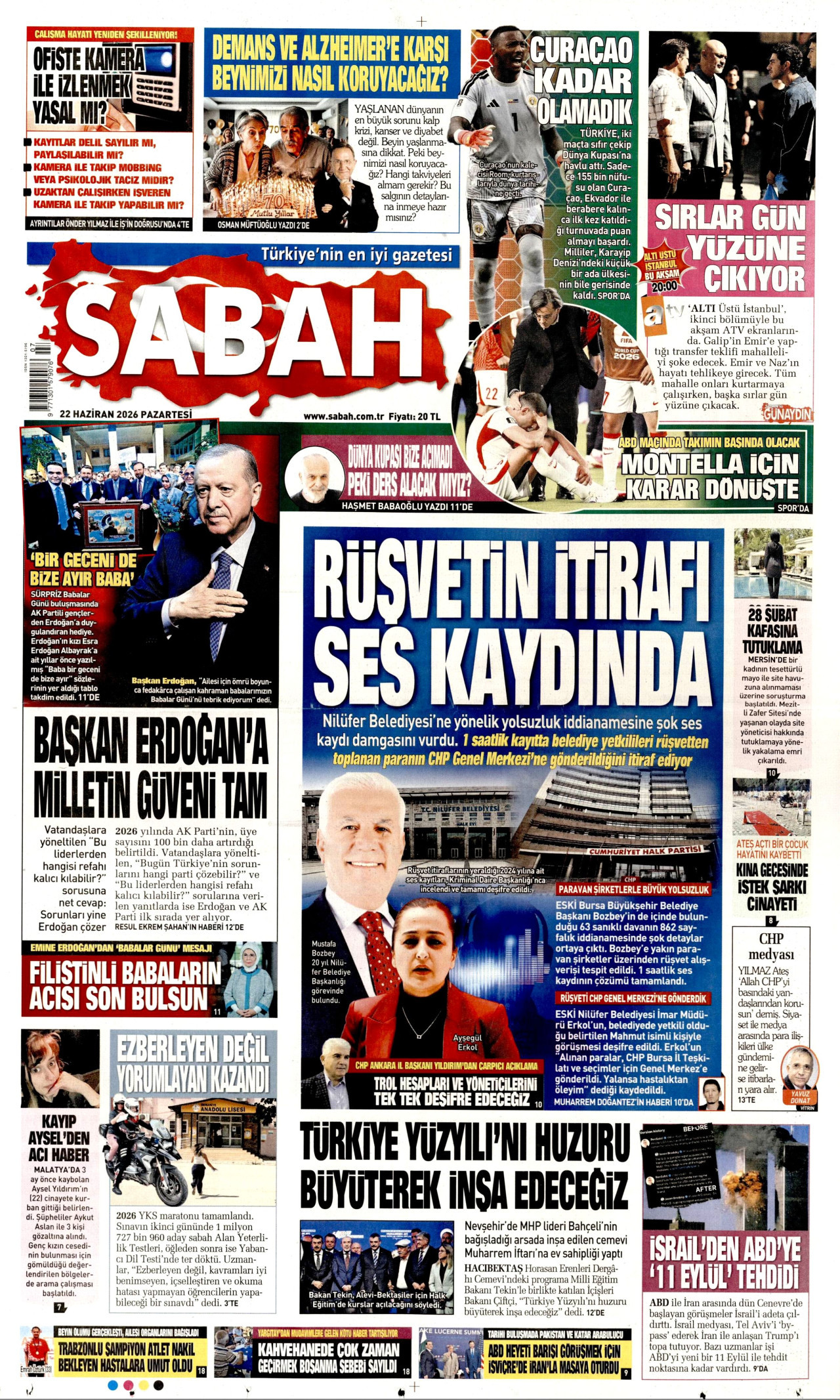 SABAH gazetesinin 22 Haziran 2026 tarihli birinci sayfası