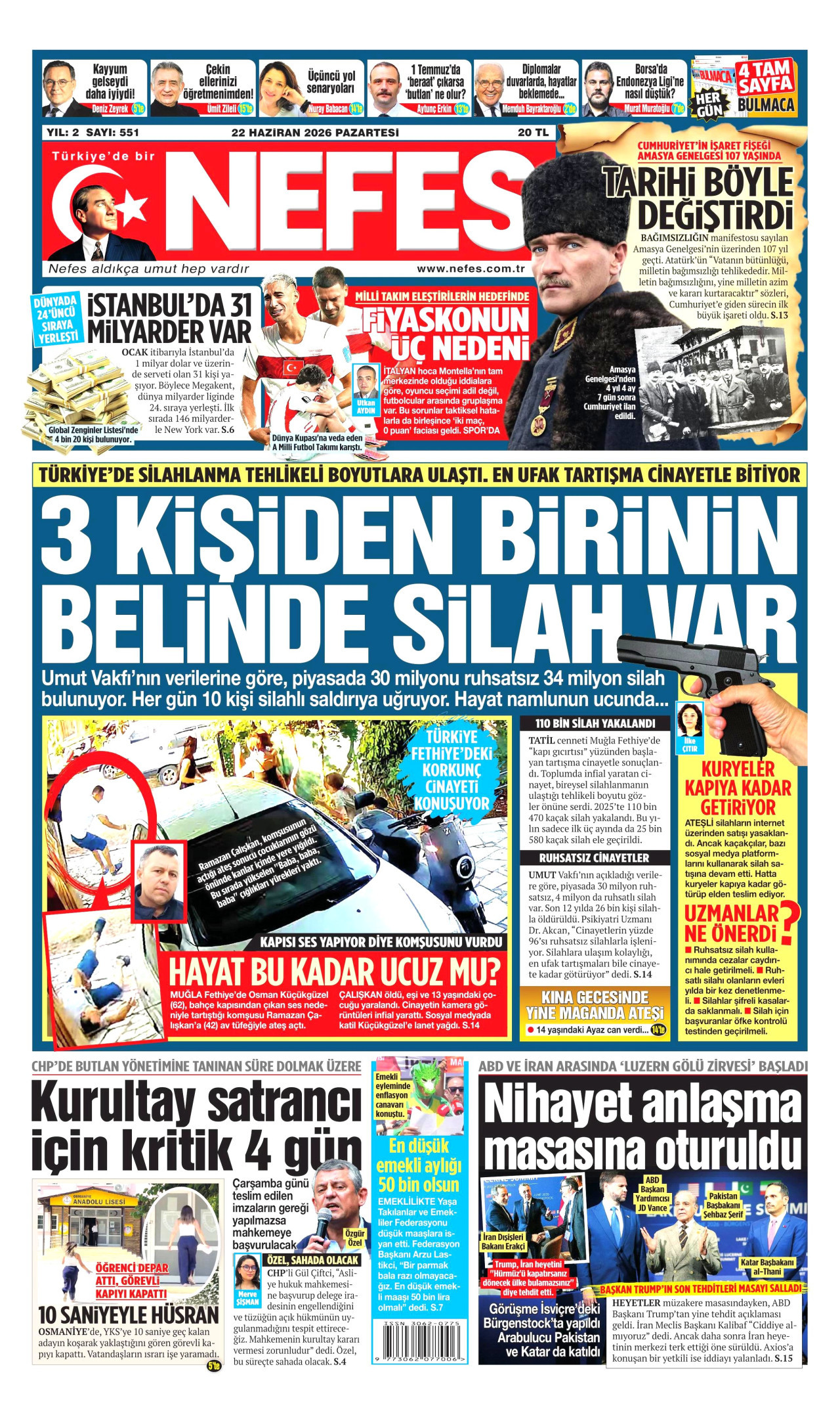 NEFES gazetesinin 22 Haziran 2026 tarihli birinci sayfası