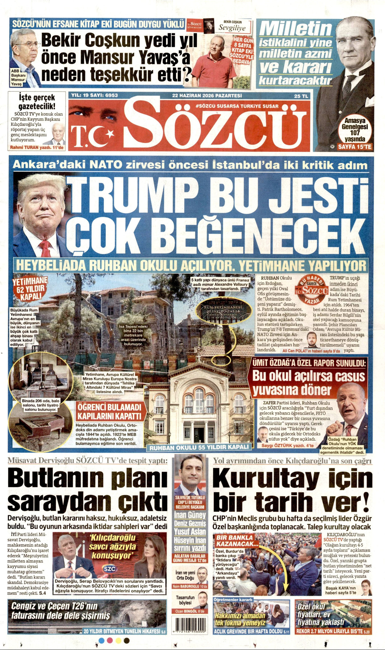 SÖZCÜ gazetesinin 22 Haziran 2026 tarihli birinci sayfası