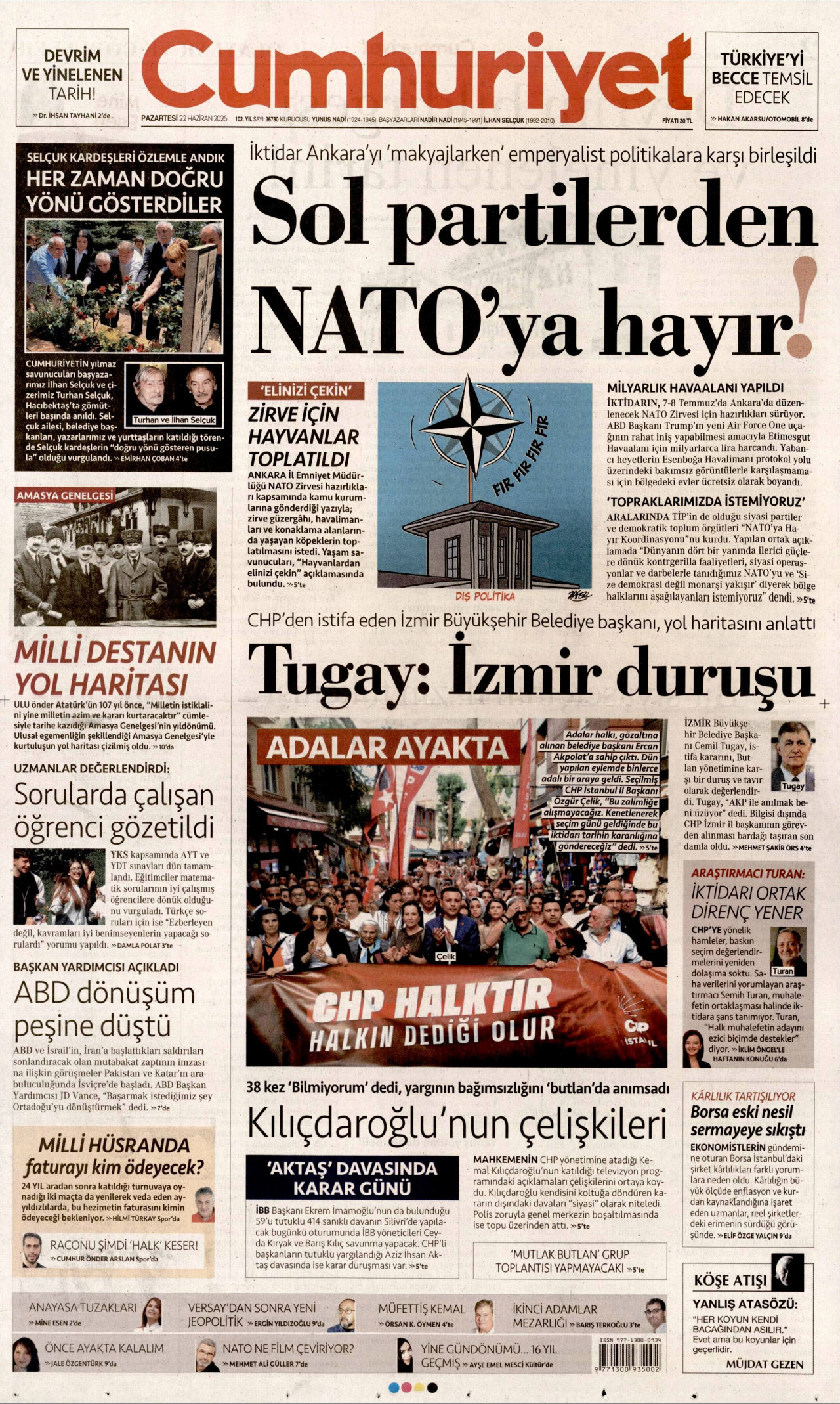 CUMHURİYET gazetesinin 22 Haziran 2026 tarihli birinci sayfası