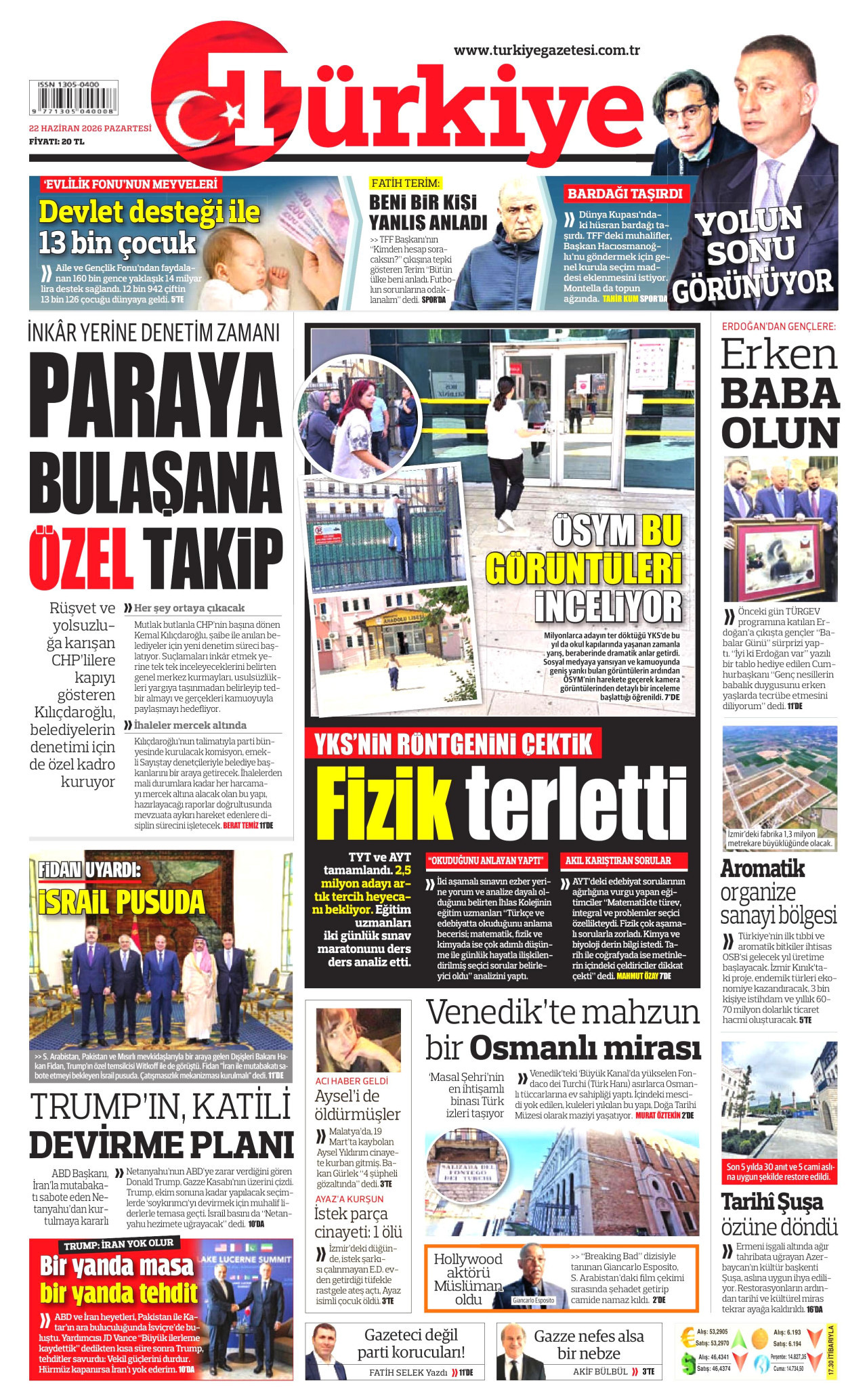 TÜRKİYE GAZETESİ gazetesinin 22 Haziran 2026 tarihli birinci sayfası