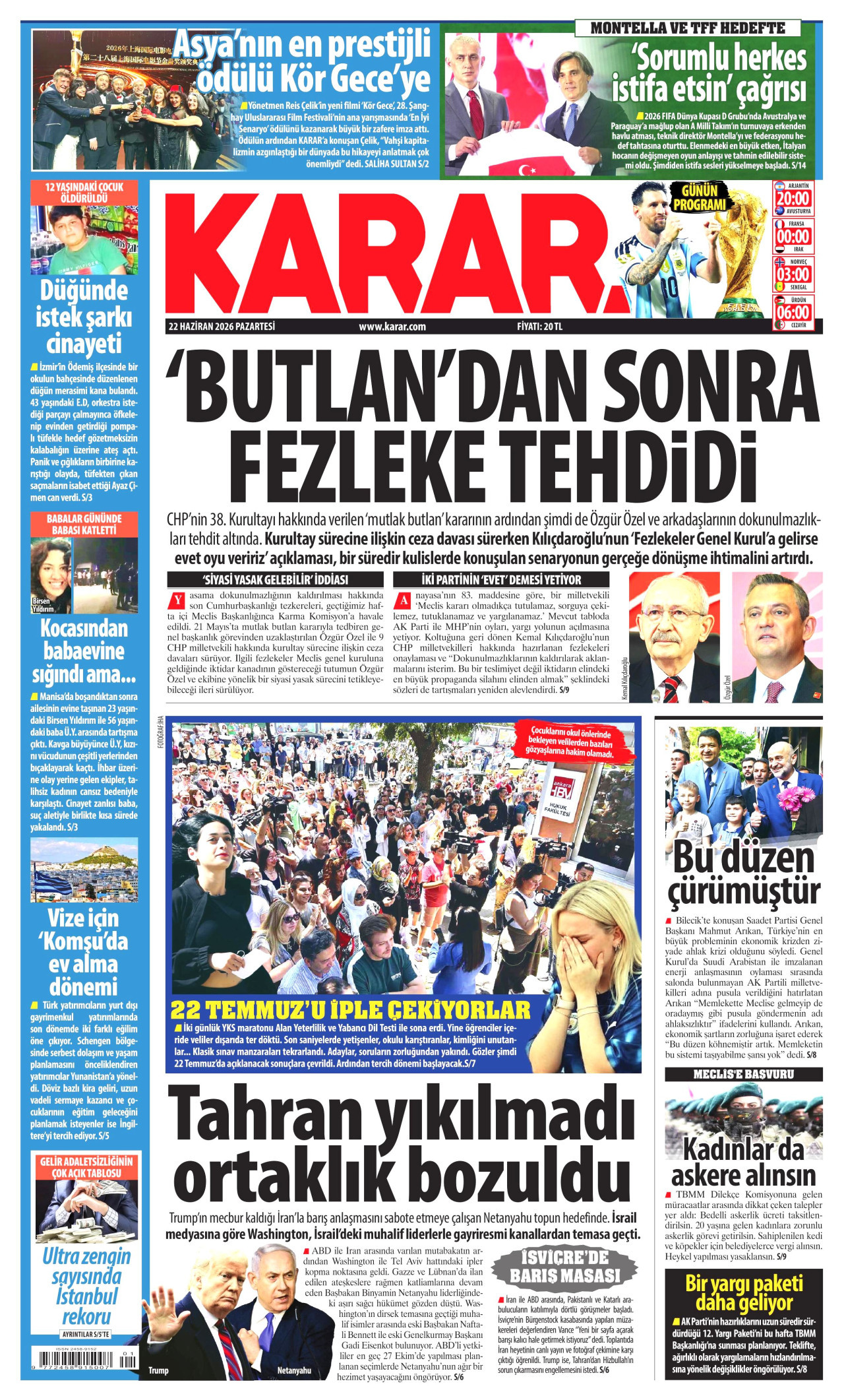 KARAR gazetesinin 22 Haziran 2026 tarihli birinci sayfası
