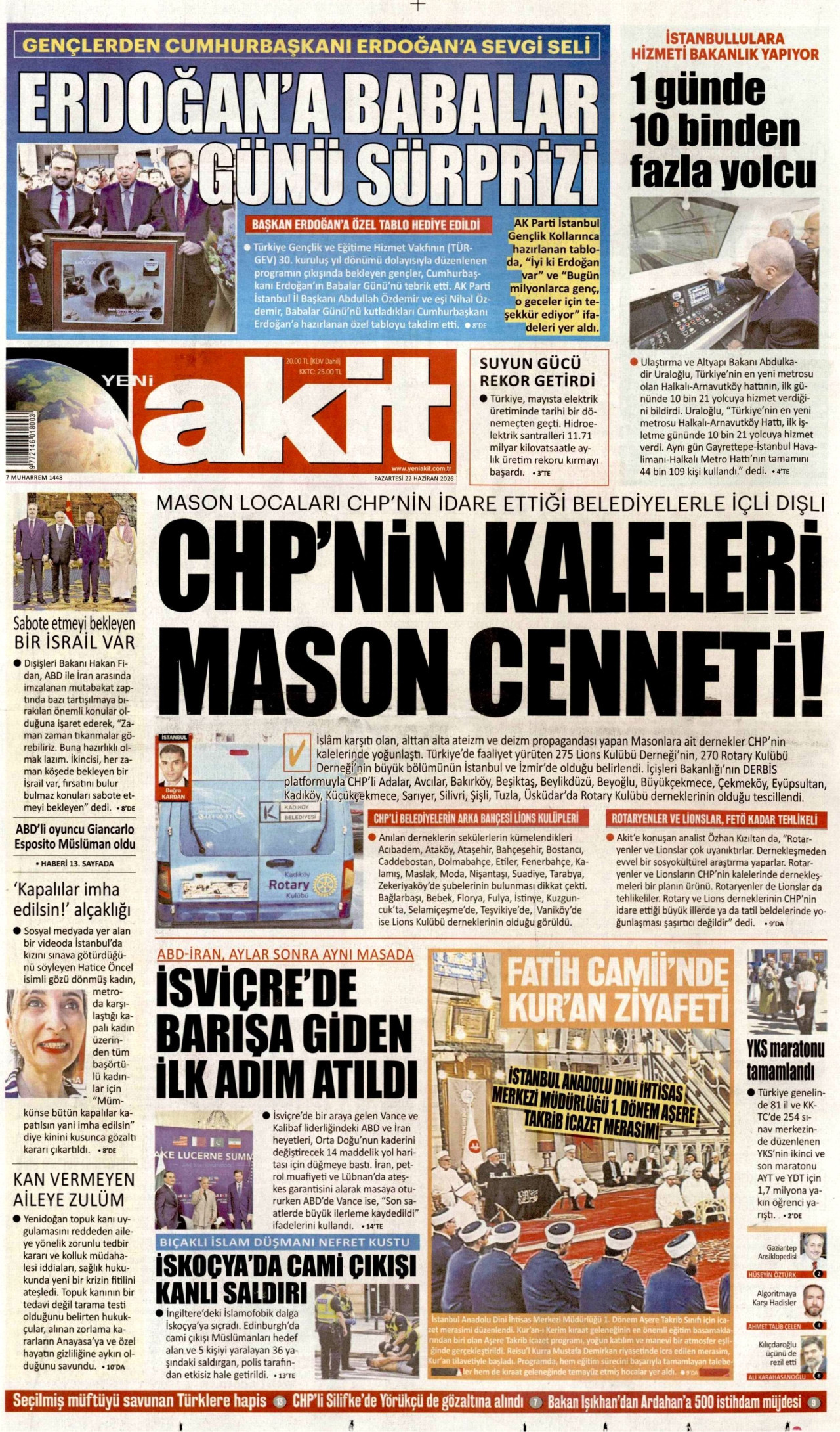 YENİ AKİT gazetesinin 22 Haziran 2026 tarihli birinci sayfası