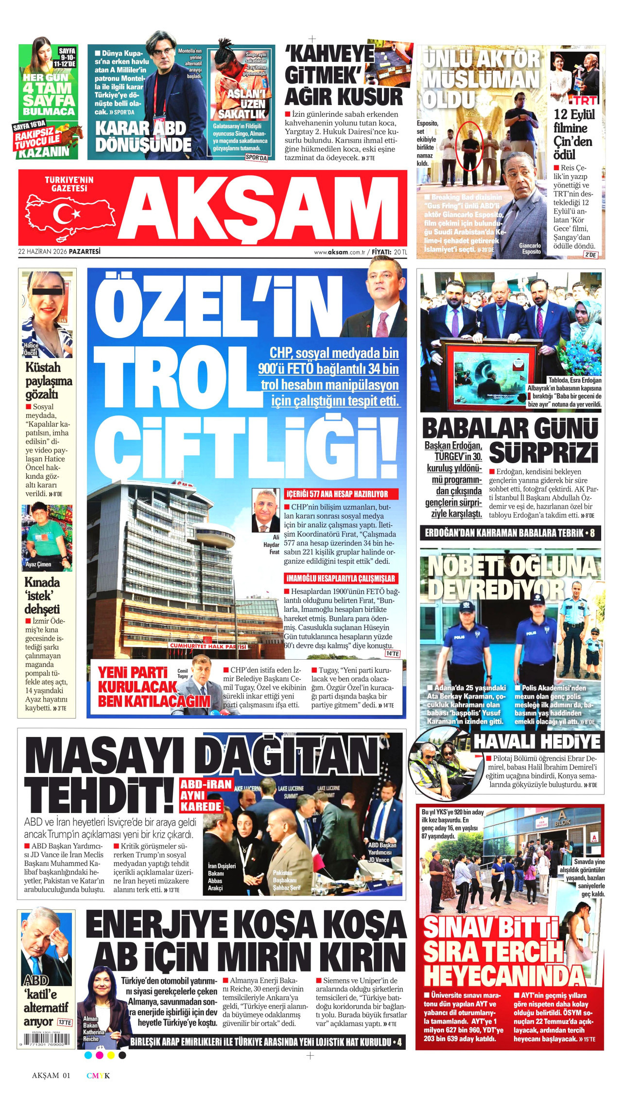 AKŞAM gazetesinin 22 Haziran 2026 tarihli birinci sayfası