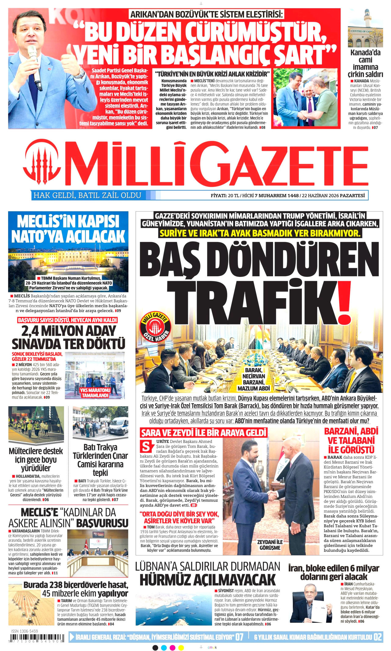 MİLLİ GAZETE gazetesinin 22 Haziran 2026 tarihli birinci sayfası